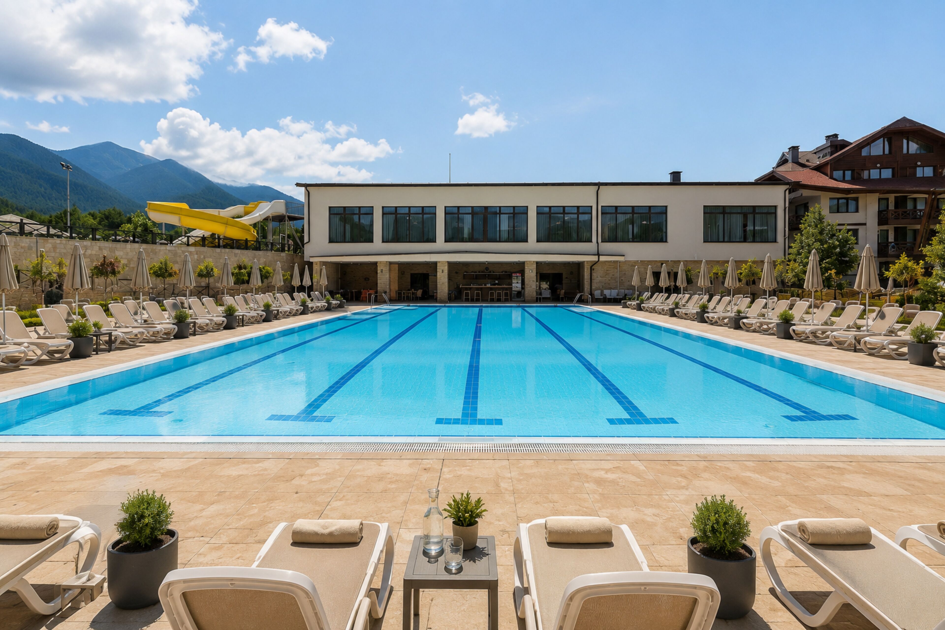 Una piscina con sillones de descanso y sombrillas, un edificio con amplios ventanales y montañas al fondo.