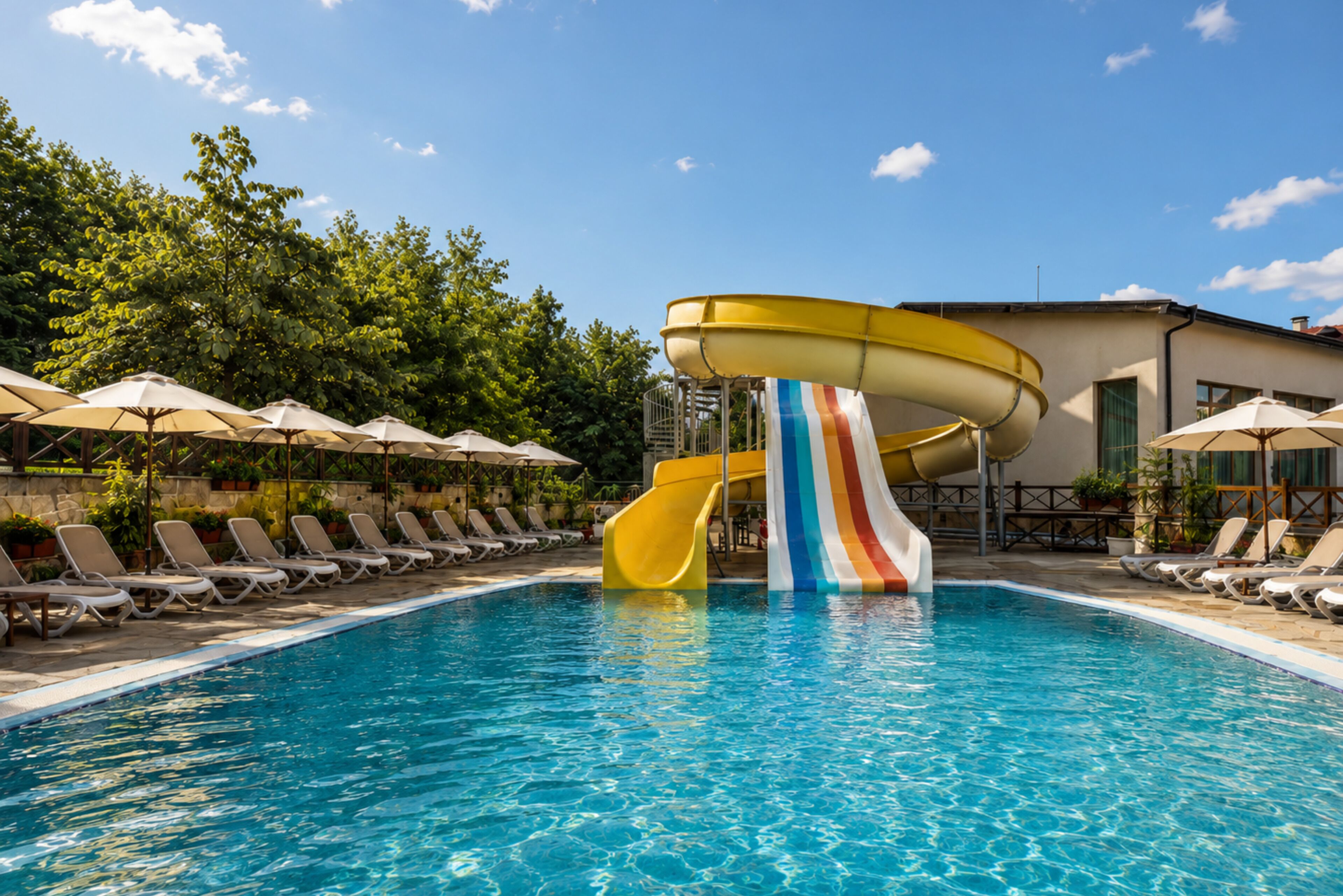 Piscina com duas escorregas, cadeiras de descanso, guarda-sóis e um prédio ao fundo.