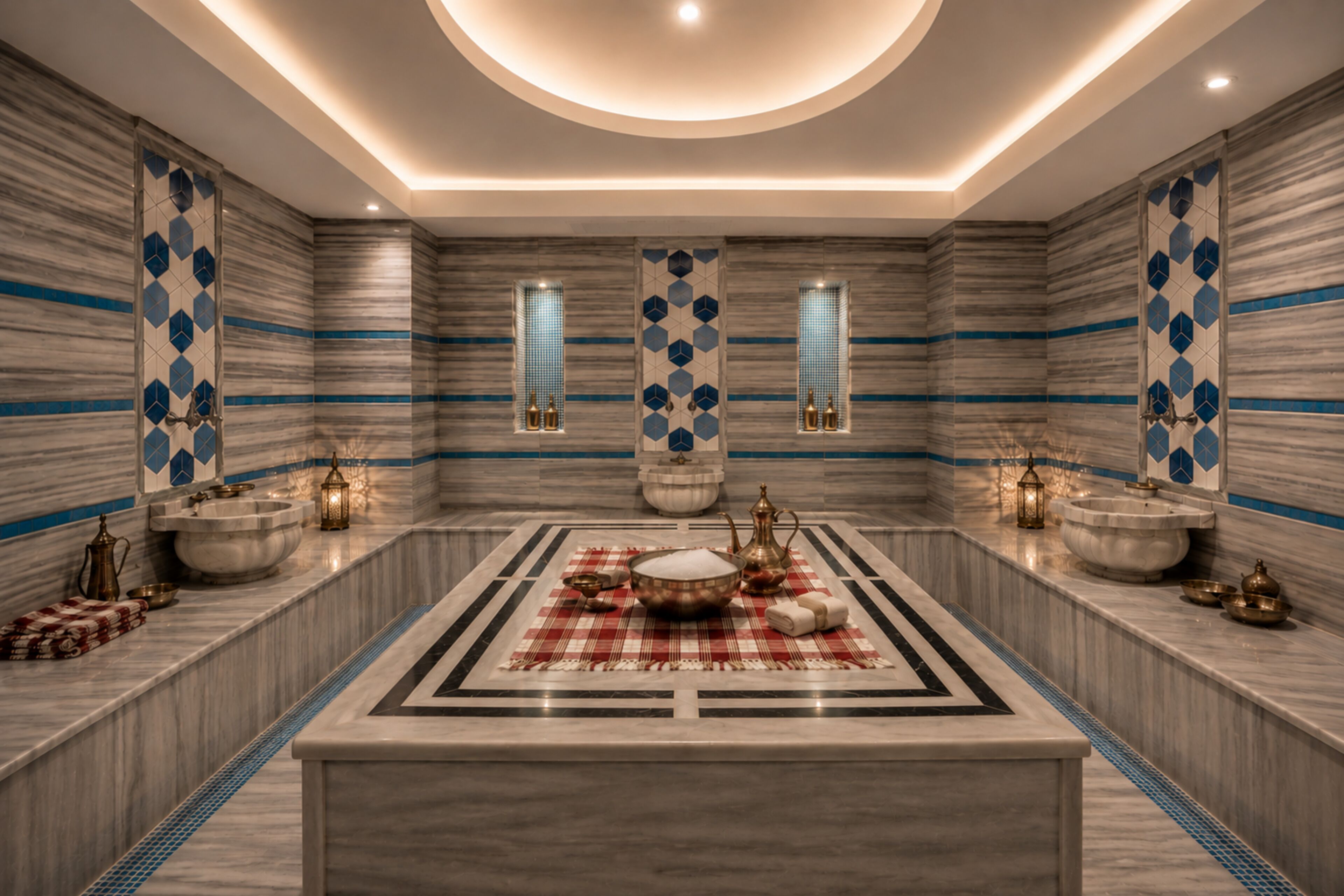 Een luxueuze badkamer met een centraal geplaatst marmeren wastafel, twee wandgemonteerde bidets en een decoratief vloerkleed.