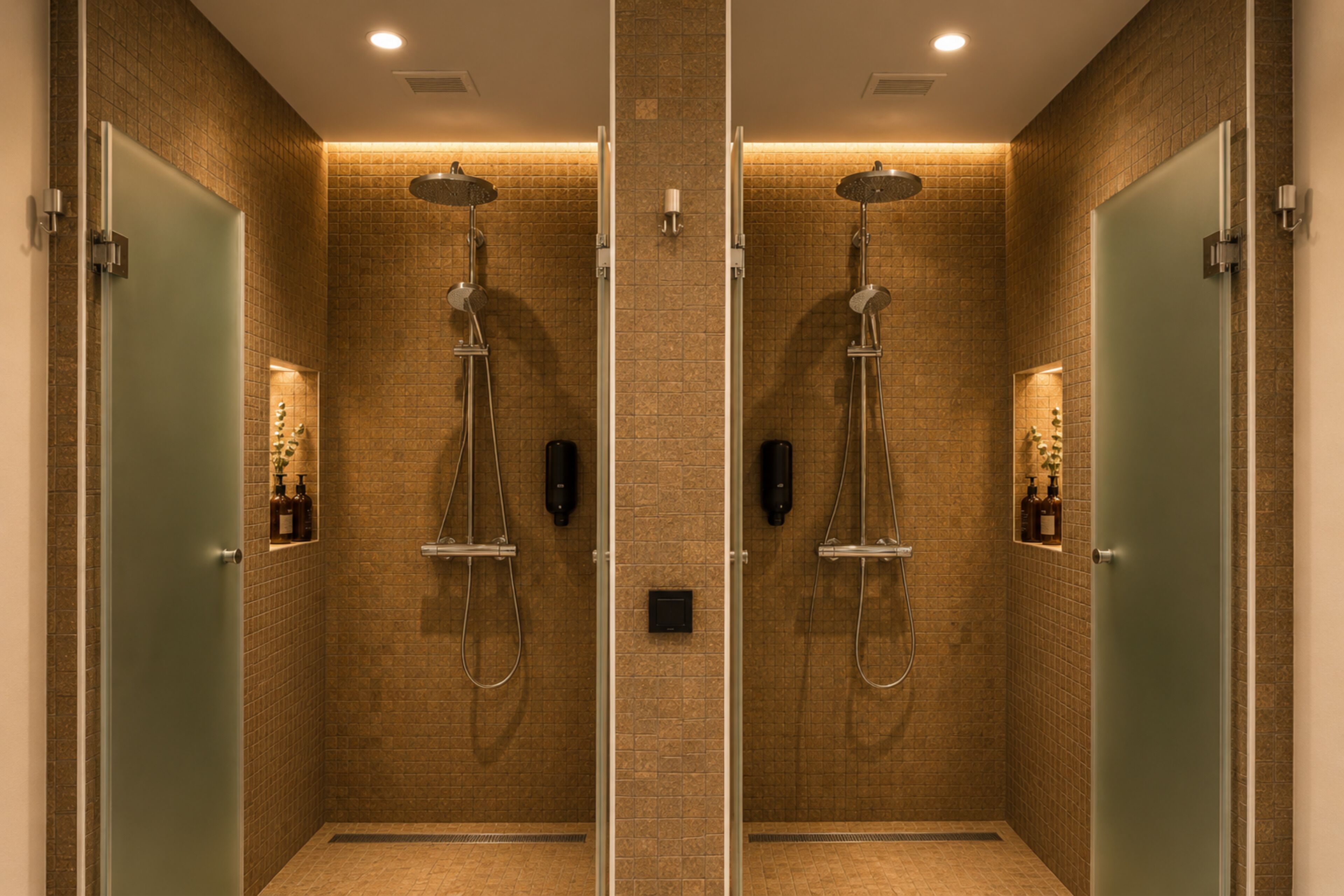 A mirrored bathroom with two shower stalls, each equipped with a handheld showerhead and a handheld massager.