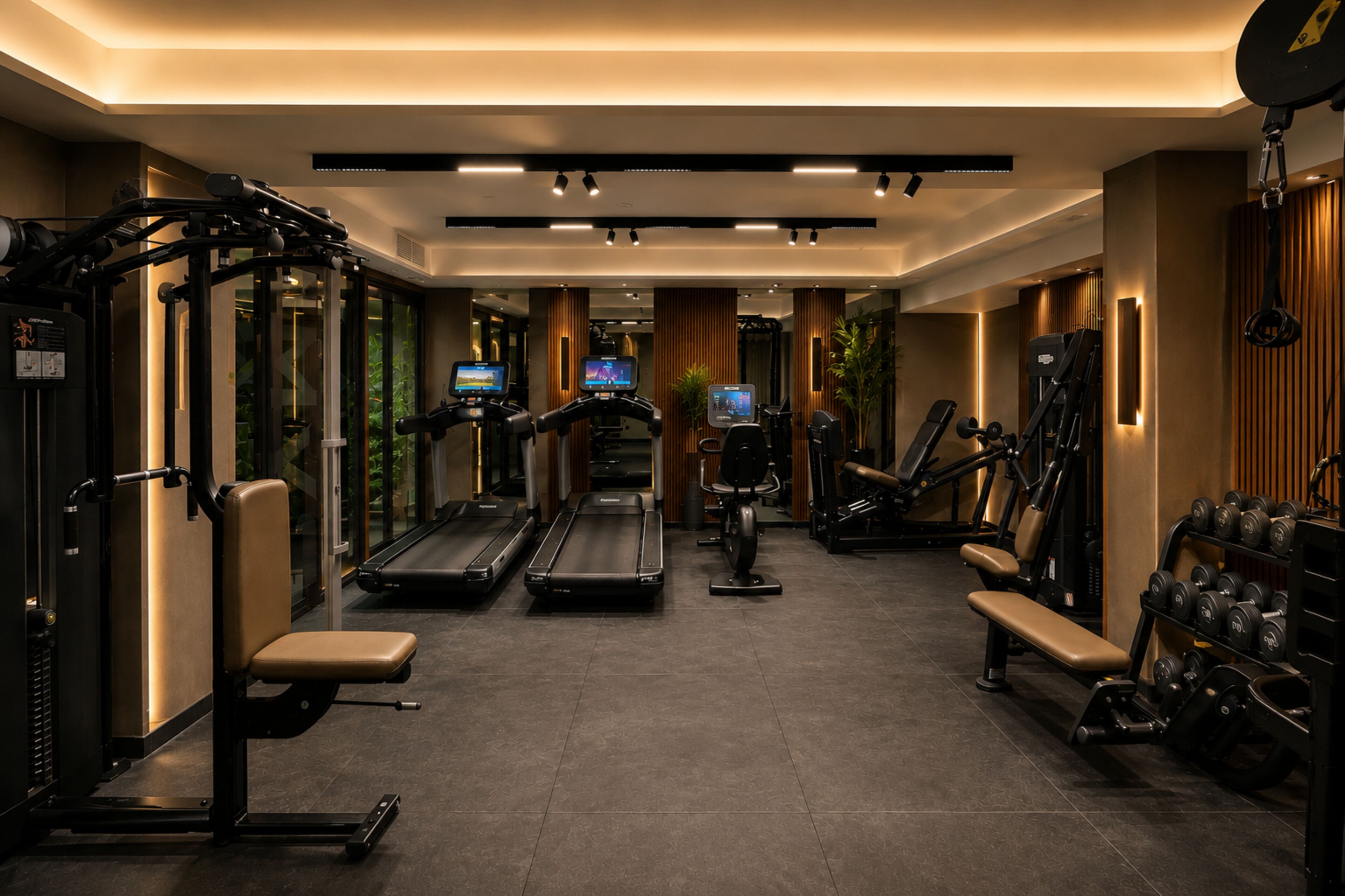 A modern gym with treadmills, weight machines, and exercise equipment.