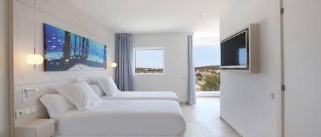A modern hotel room with two beds, a large window, a painting, and a TV.