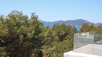 A balcony with a clear view of a mountainous landscape and a body of water.