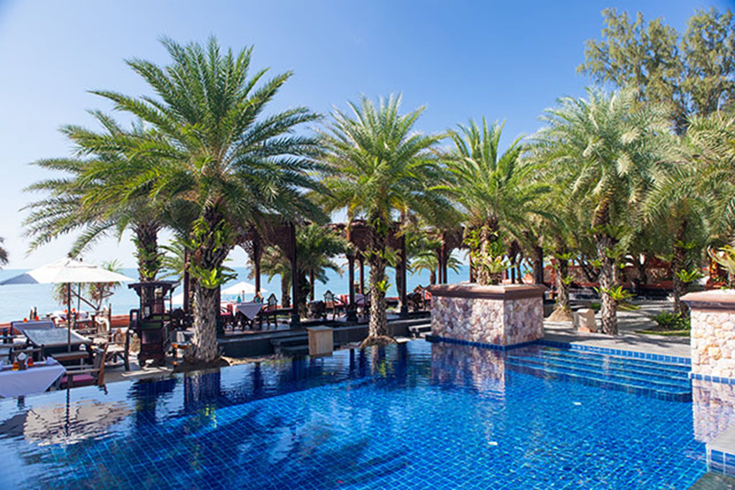 outdoor pool, pool umbrellas, pool loungers