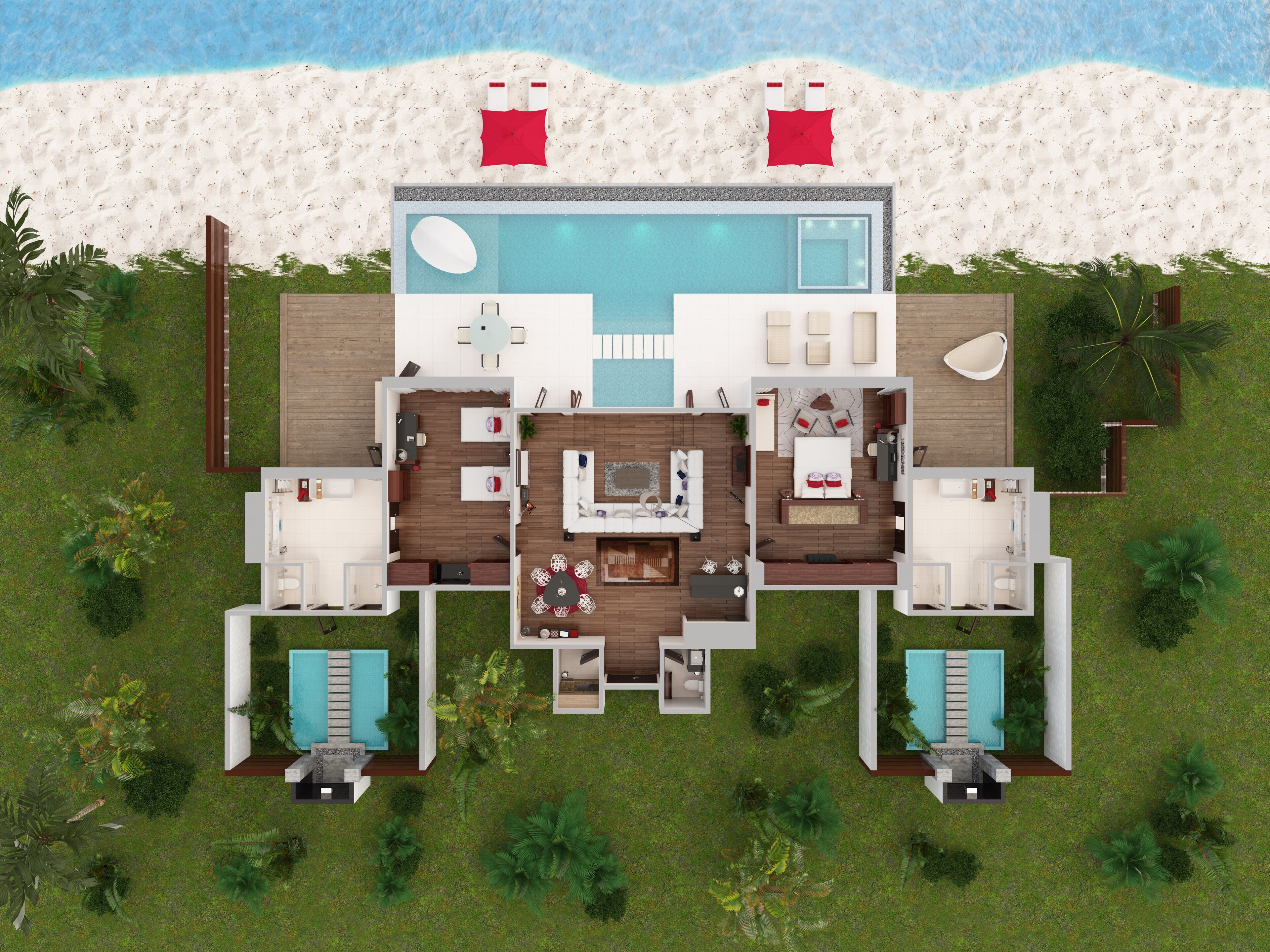 Uma casa moderna de dois andares com piscina, vários quartos, sala de jantar e cozinha.