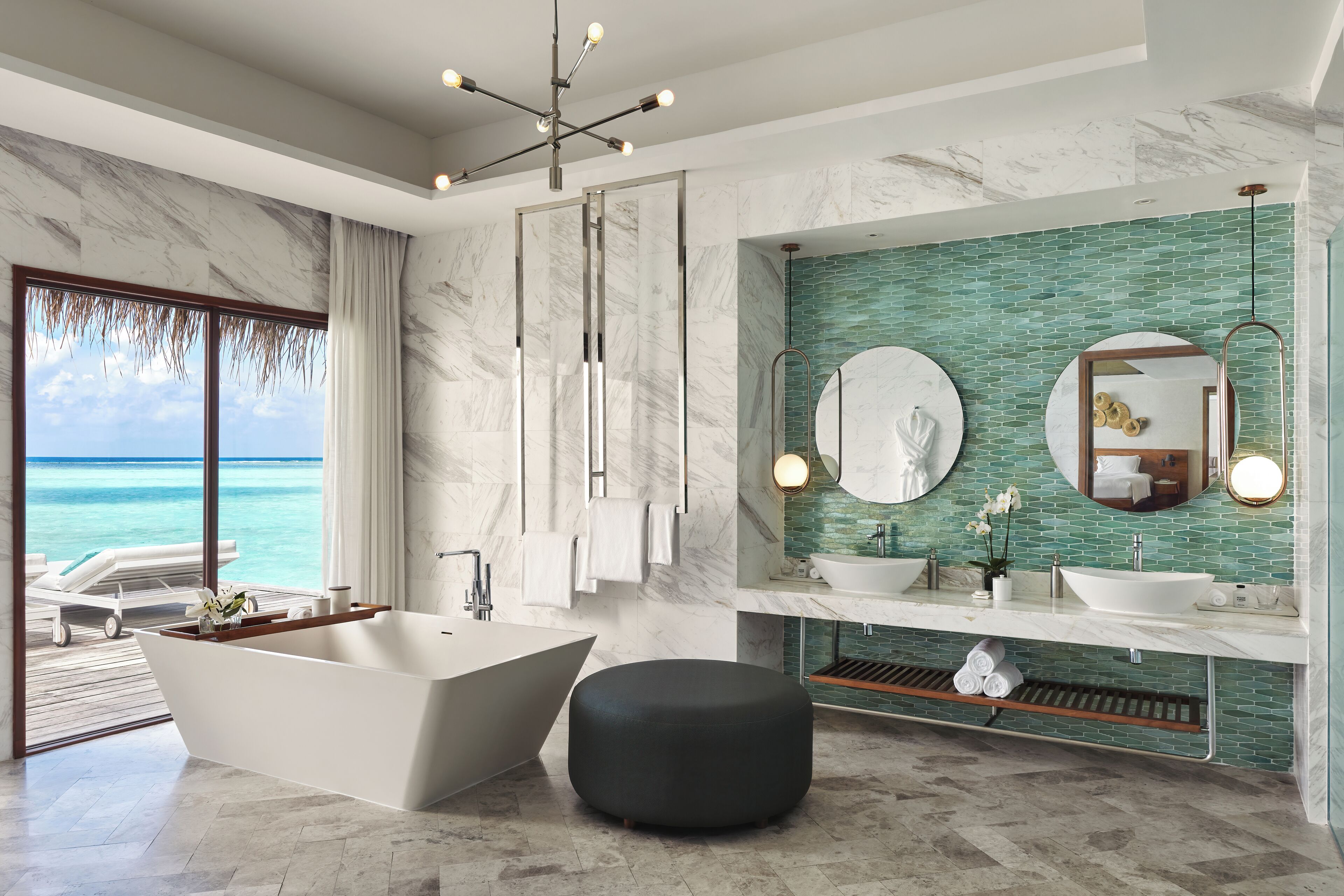 separate bathtub and shower, deep-soaking bathtub, rainfall showerhead