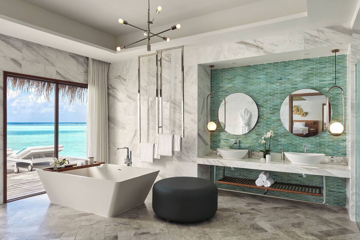 separate bathtub and shower, deep-soaking bathtub, rainfall showerhead