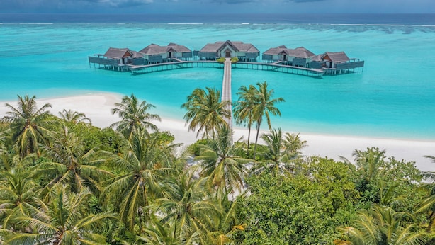 An overwater resort with thatched-roof bungalows connected by a pier, surrounded by turquoise waters and palm trees.