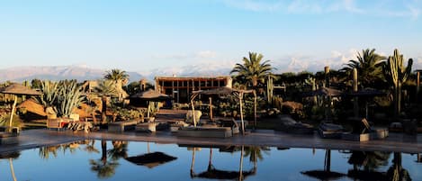 Outdoor pool, pool umbrellas, sun loungers