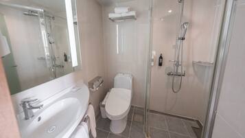 Eco-friendly toiletries, hair dryer, slippers, bidet