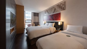 A hotel room with two beds, a large window, a painting on the wall, and a telephone on the nightstand. - Central Seven Hotel by Kwon Busan Seomyeon (Busan)