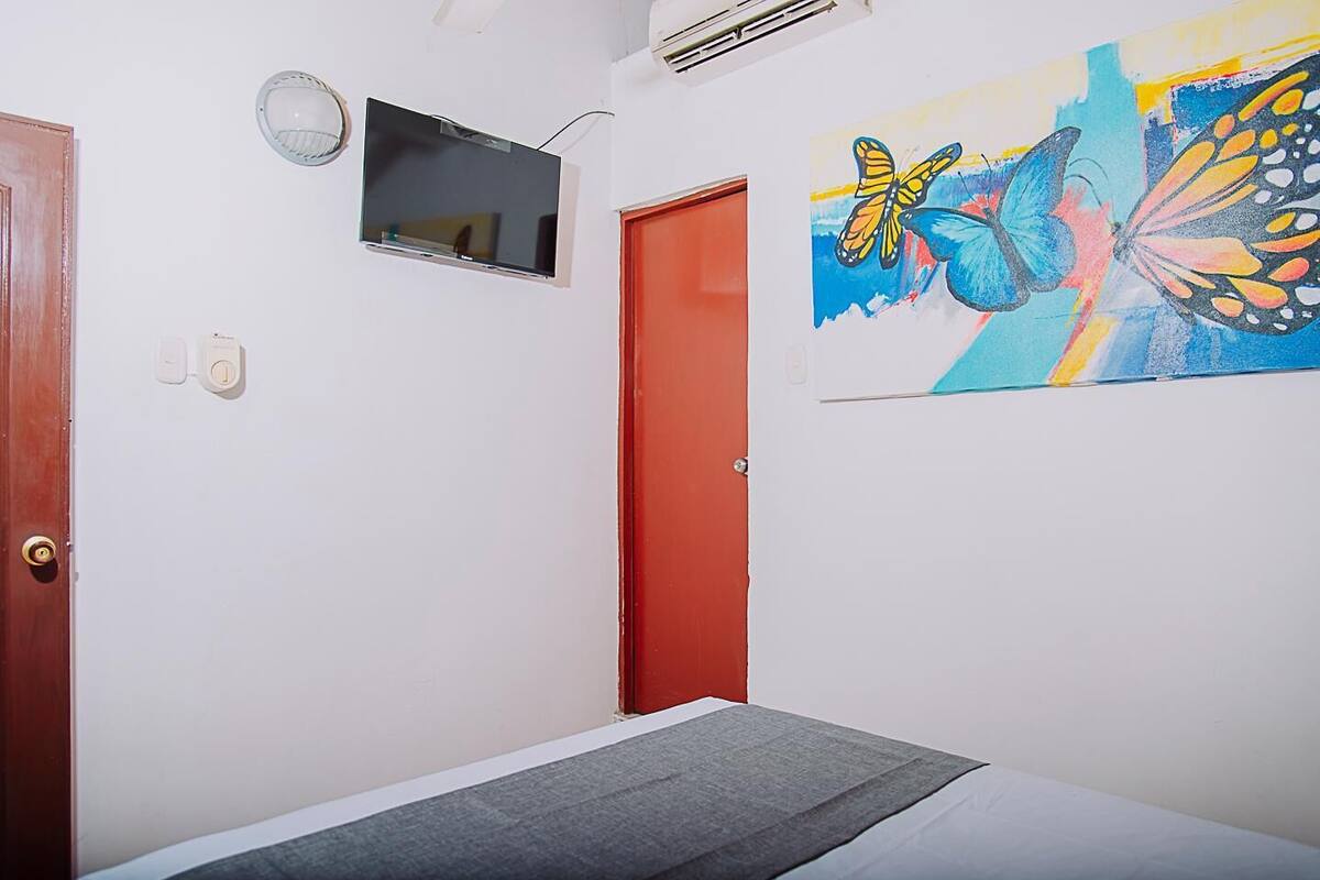 Une chambre avec un lit, une porte rouge, un téléviseur à écran plat fixé au mur et un tableau coloré représentant un papillon.