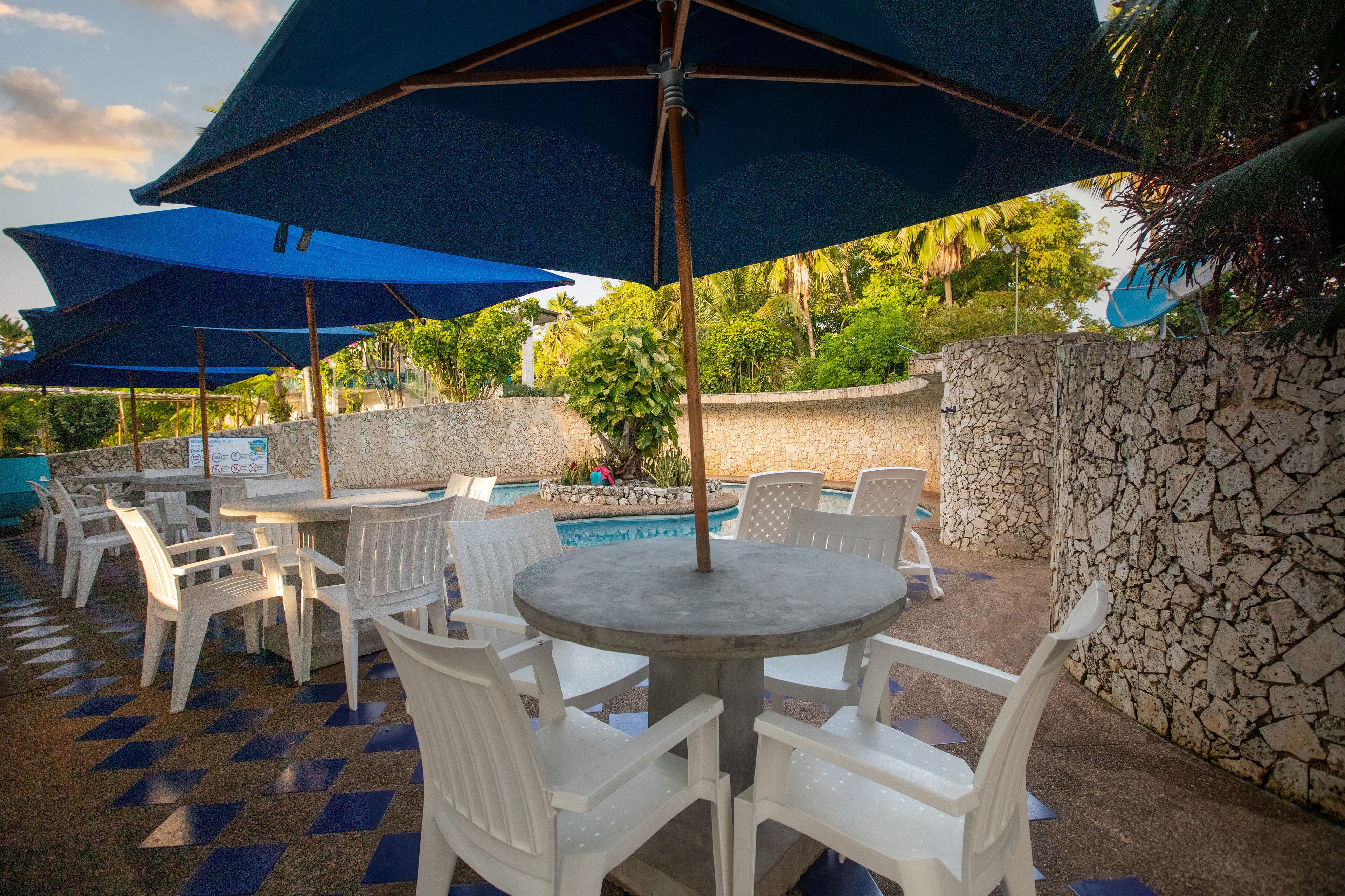 Outdoor pool, pool umbrellas, pool loungers