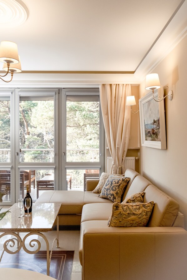 特級公寓, 1 間臥室, 非吸煙房, 小廚 (ul. Świętopełka 7 Ziemia 10, Garage) | 客廳 | 42 吋平面電視連有線電視頻道、電視