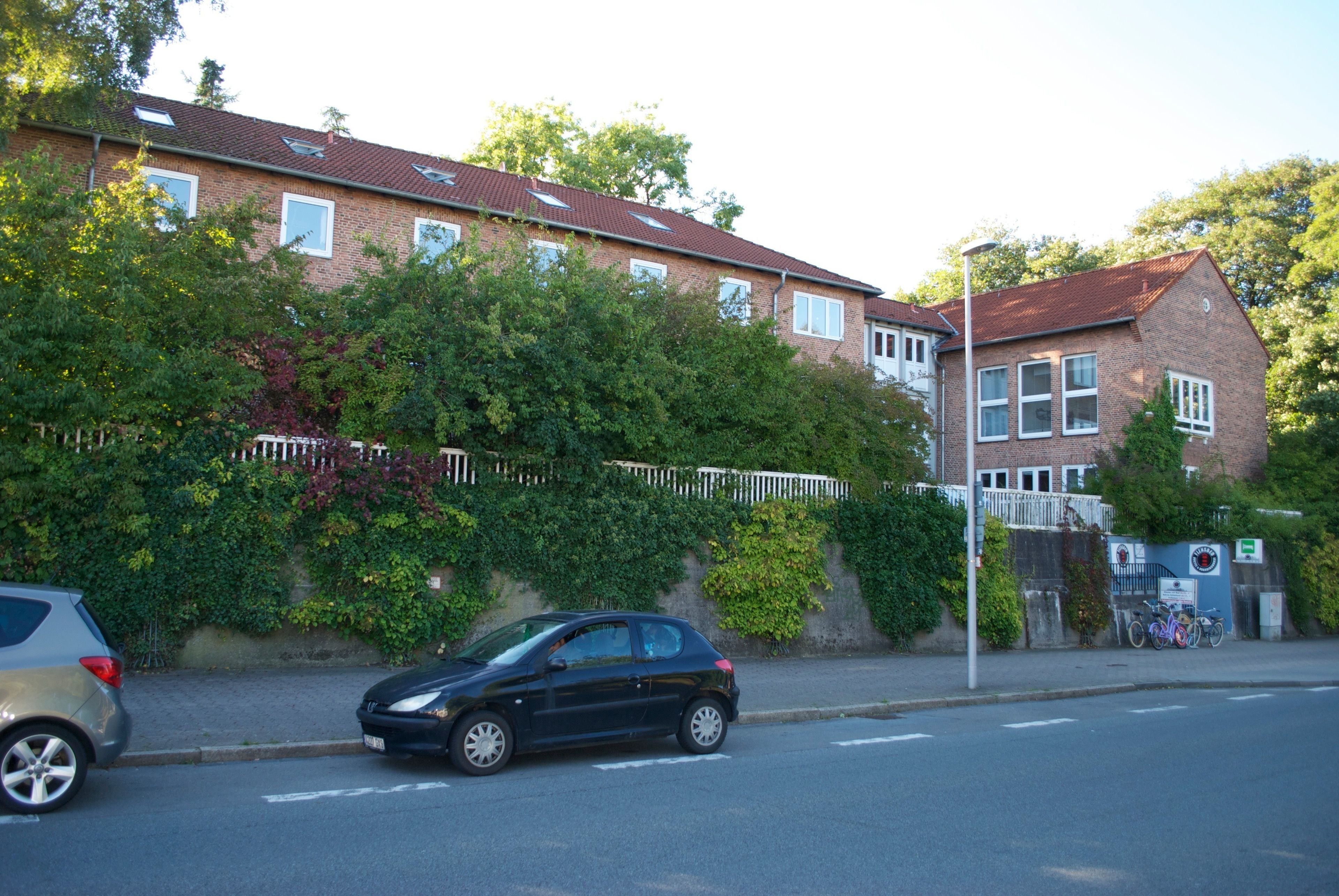 A residential street with a row of houses, a parked car, and a bicycle.