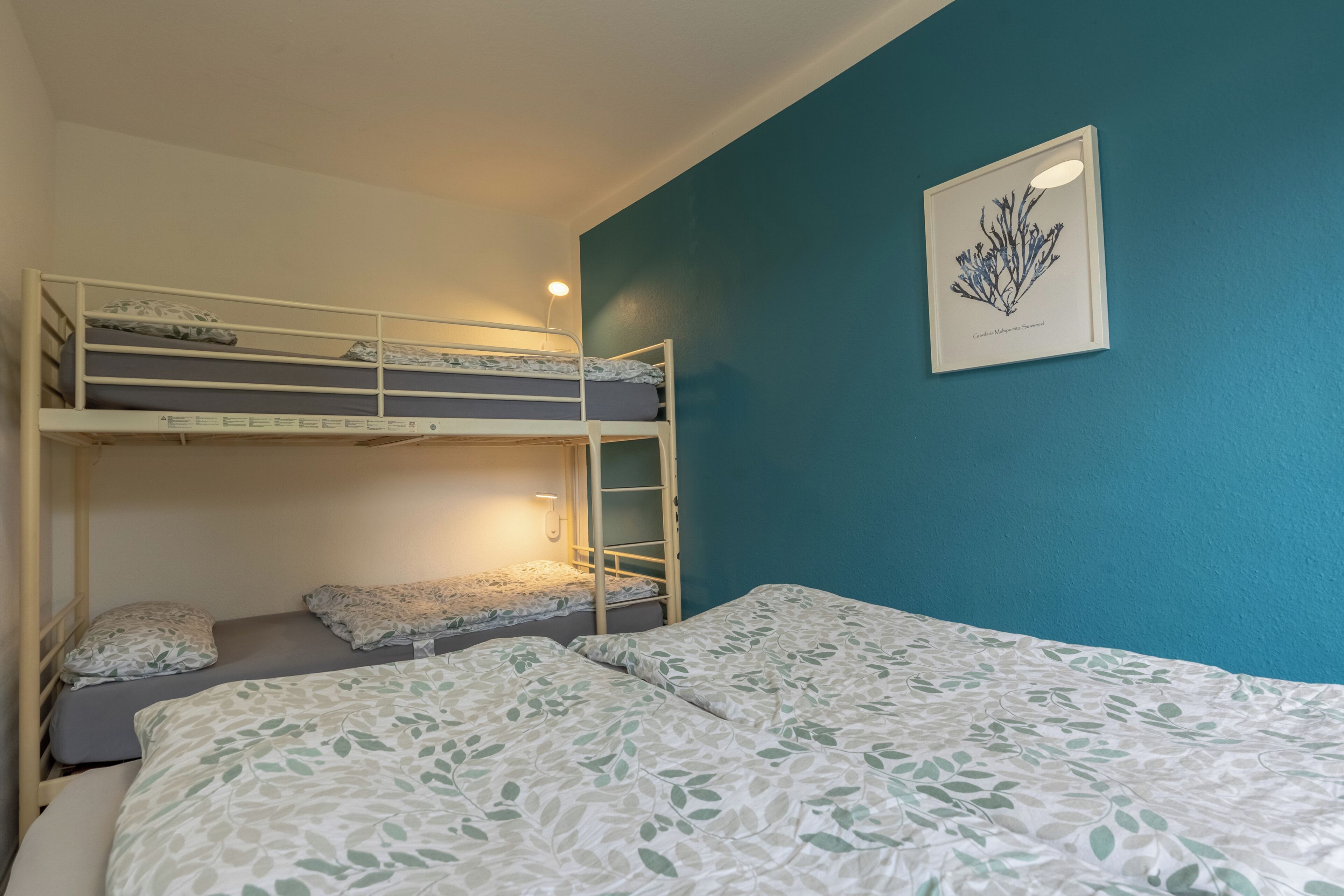 A bunk bed room with a ladder, a framed botanical illustration on the wall, and a bed with a leaf-patterned bedspread.