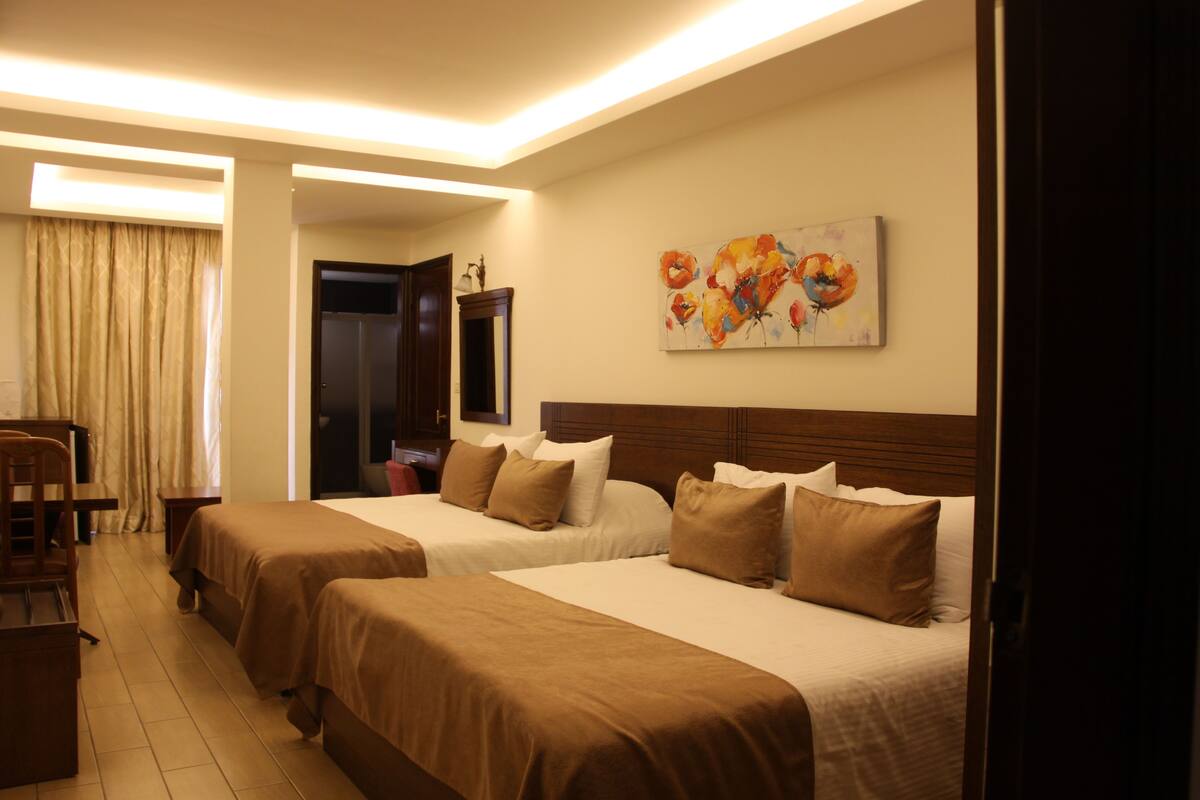 Una habitación de hotel con dos camas, un escritorio y un cuadro en la pared.