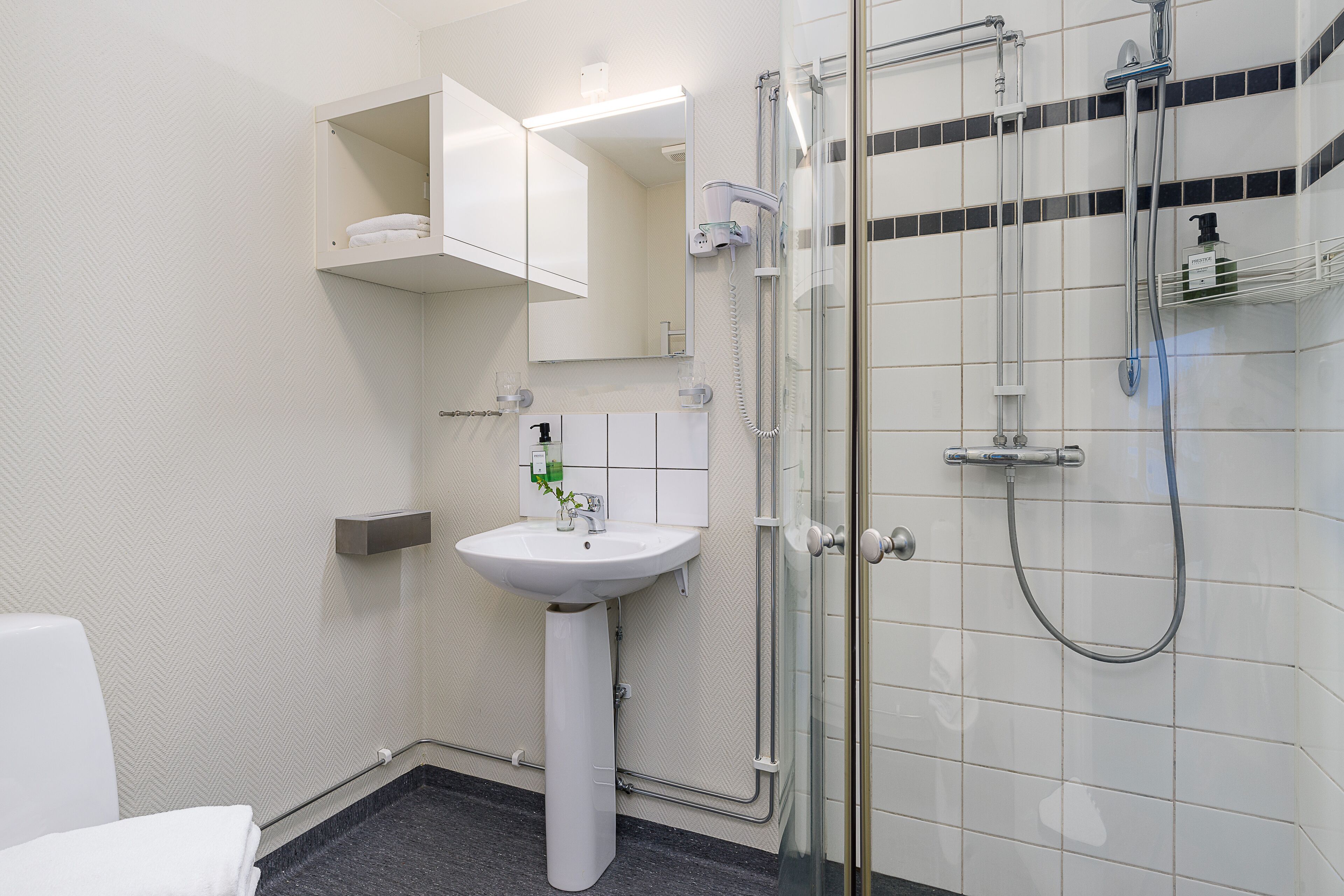 standard double or twin room | bathroom | shower, hair dryer, towels