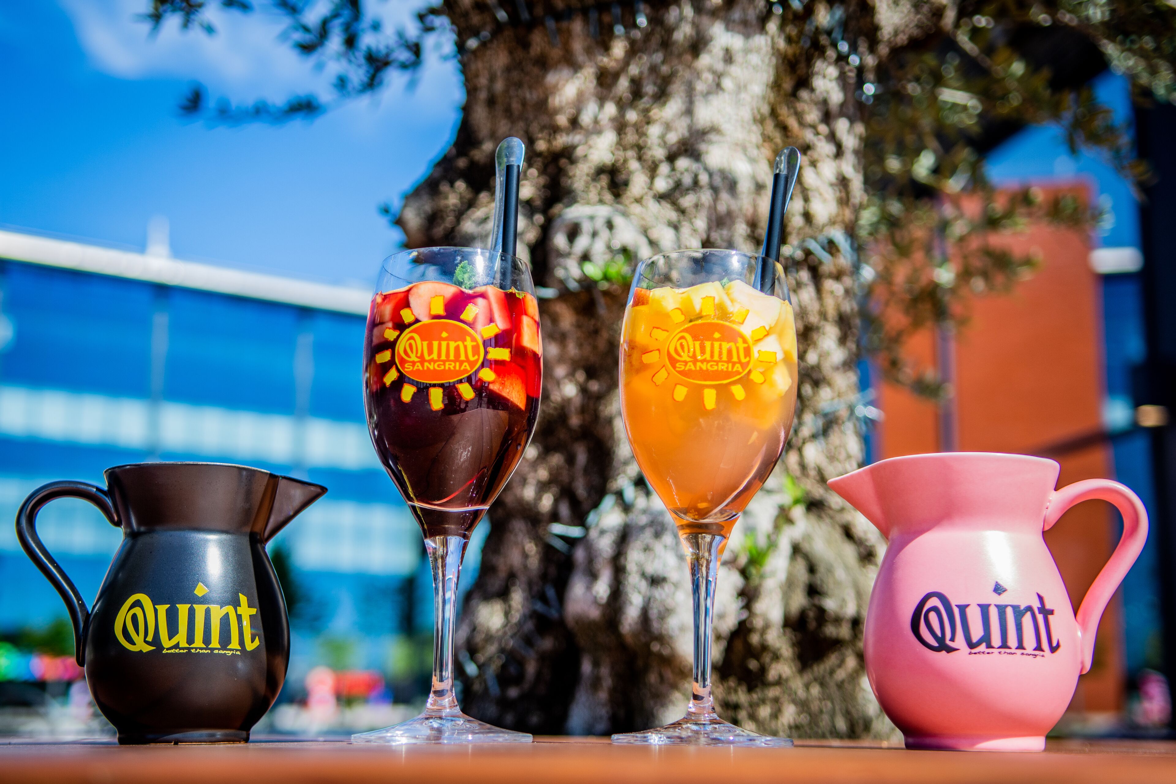 Three glasses and two pitchers with the 'Quint Sangria' logo, placed outdoors with a tree and a building in the background.