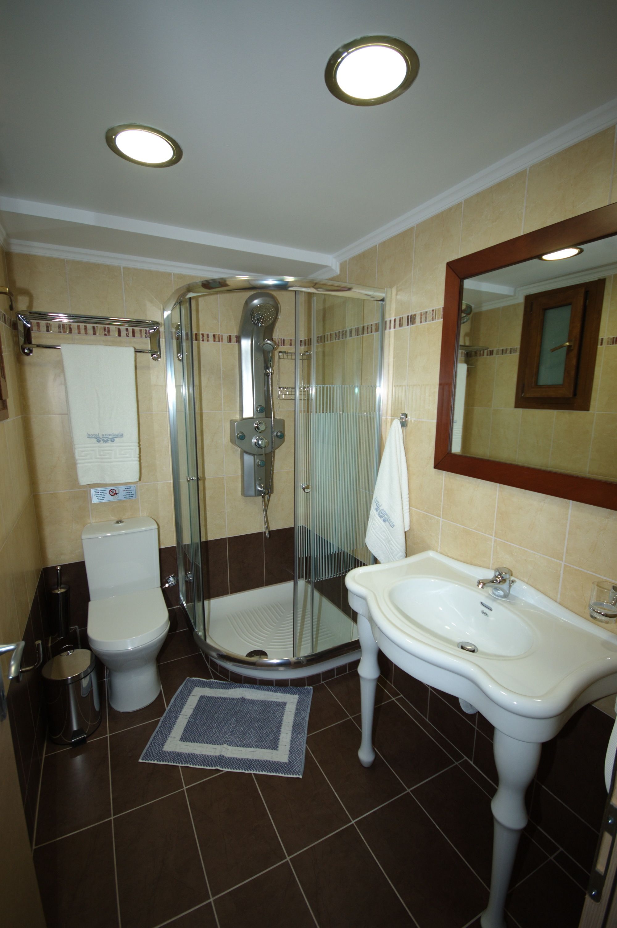 shower, hydromassage showerhead, hair dryer, towels