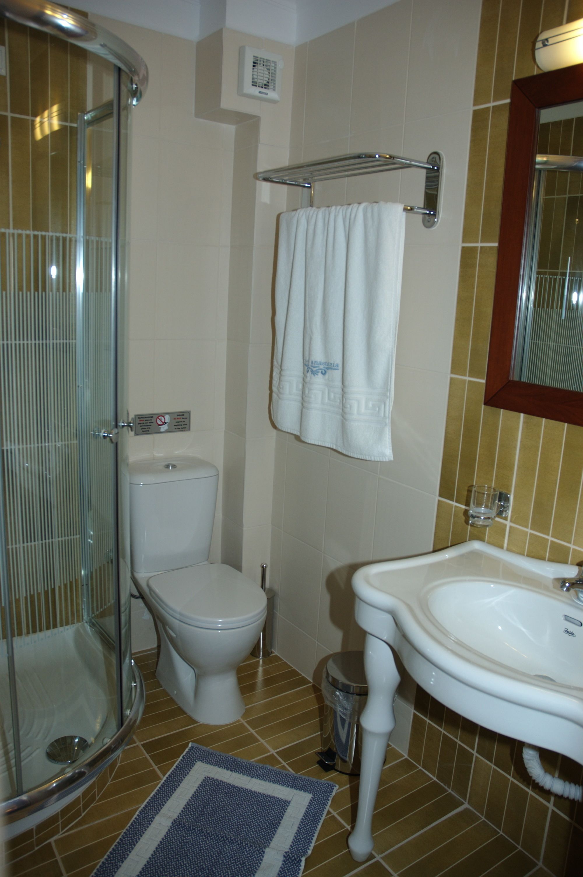 shower, hydromassage showerhead, hair dryer, towels