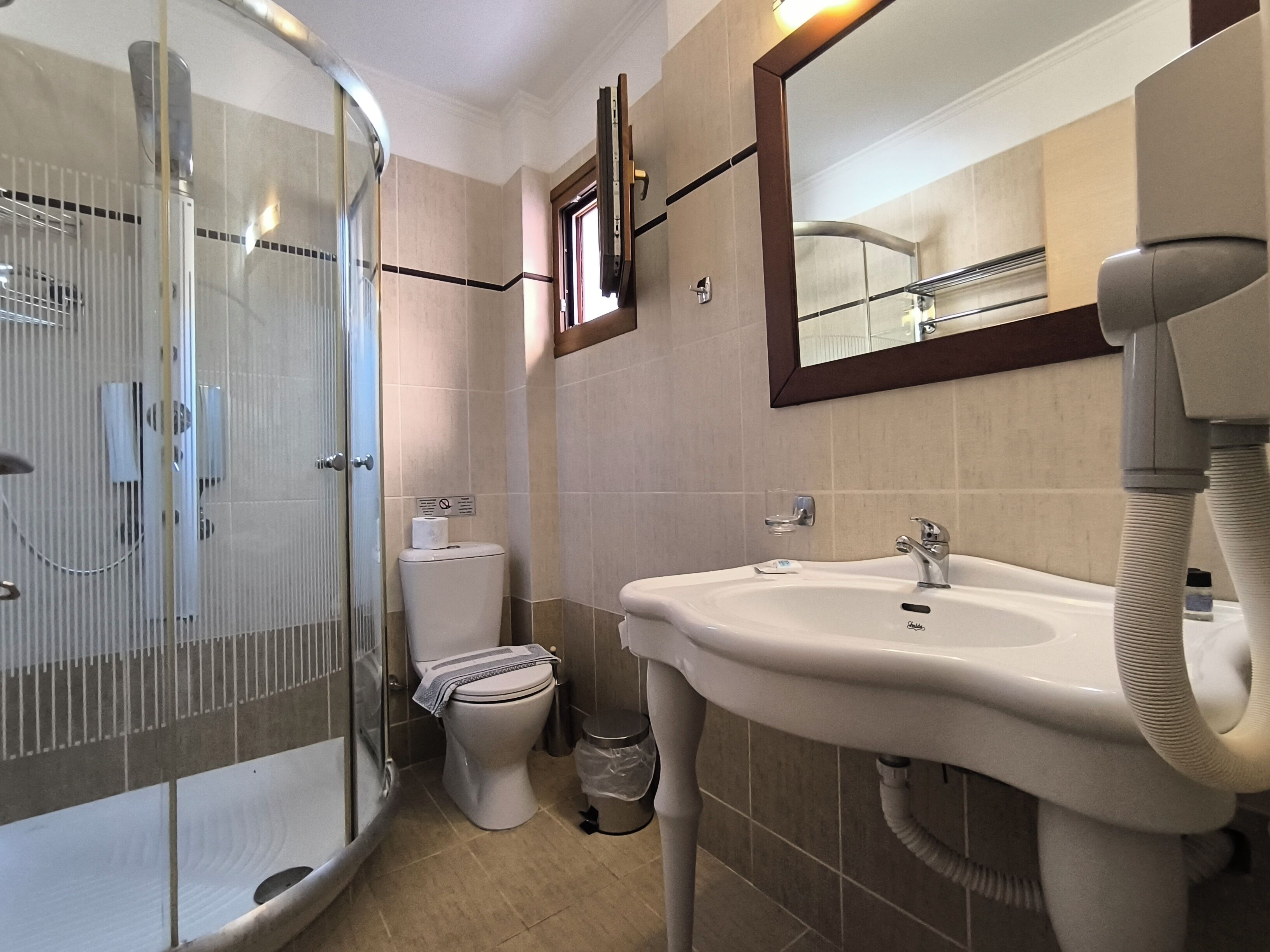 A bathroom with a glass shower enclosure, a toilet, a sink, and a mirror.