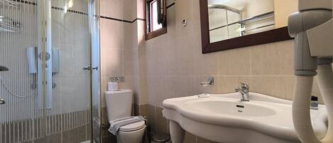 A bathroom with a glass shower enclosure, a toilet, a sink, and a mirror.