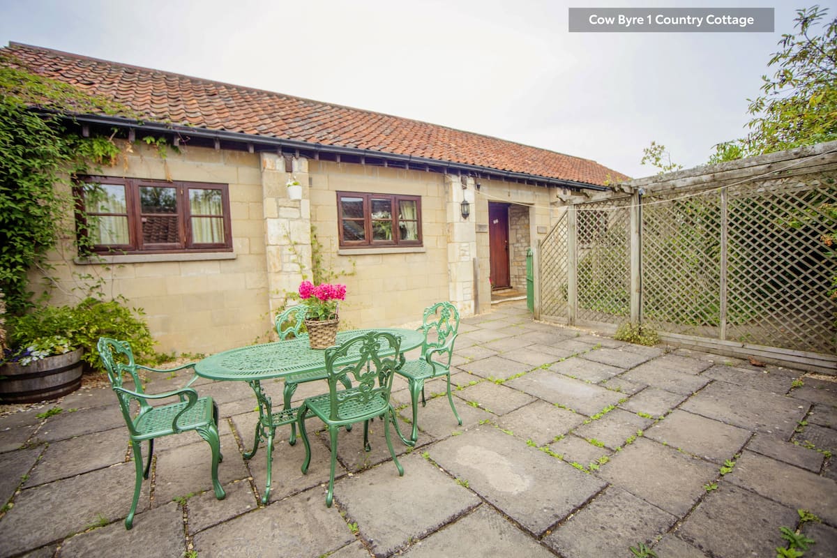 Une petite maison avec un toit en tuiles, une table de jardin avec des chaises et une plante en pot.