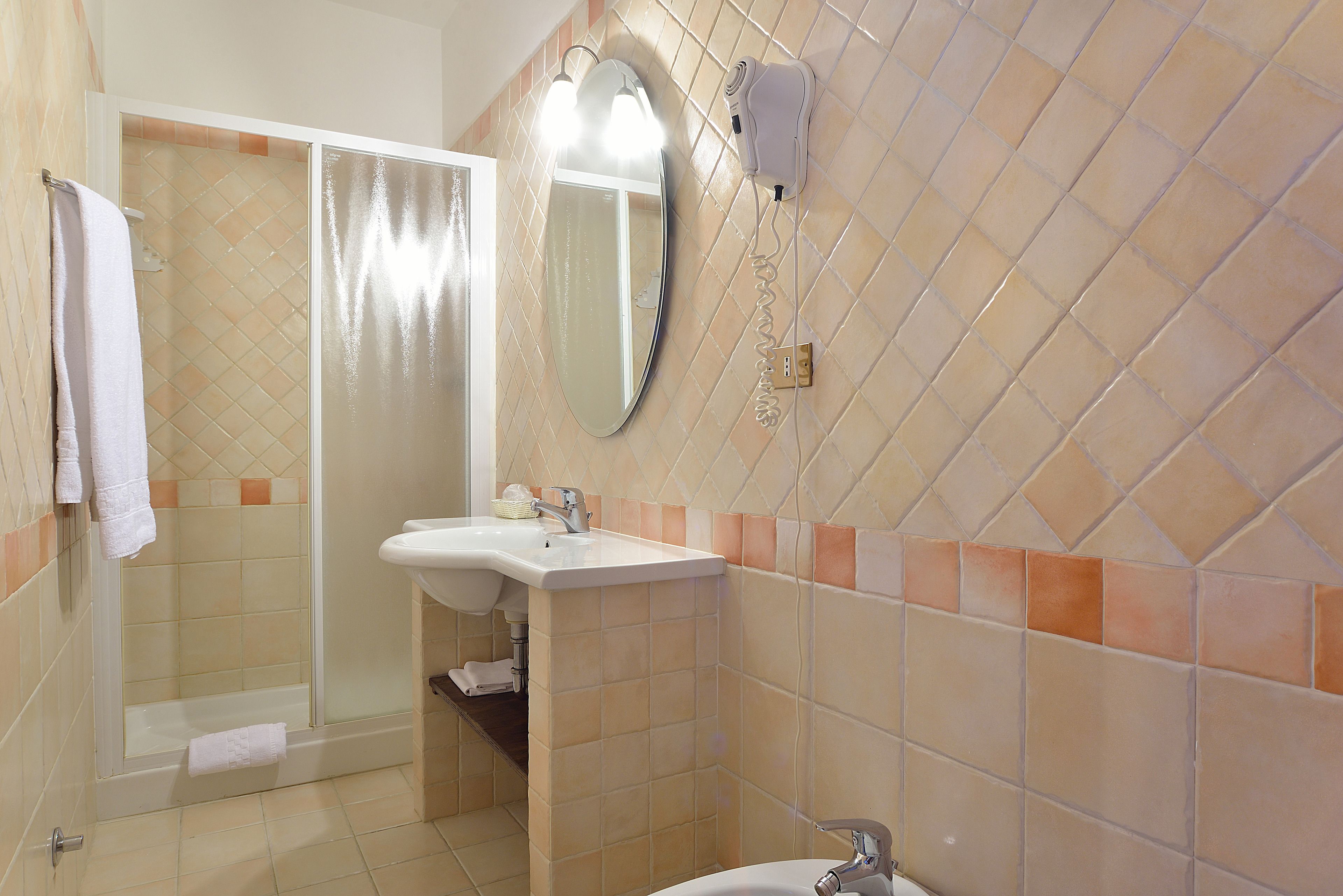 Une salle de bain avec une douche, un lavabo et un miroir.
