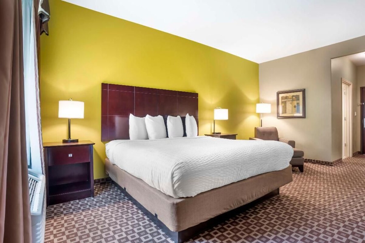 A hotel room with a large bed, two bedside tables, a chair, and a door.