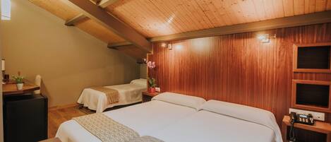 Habitación de hotel con techo de madera, dos camas, un escritorio pequeño con una planta y un televisor en un estante de madera.