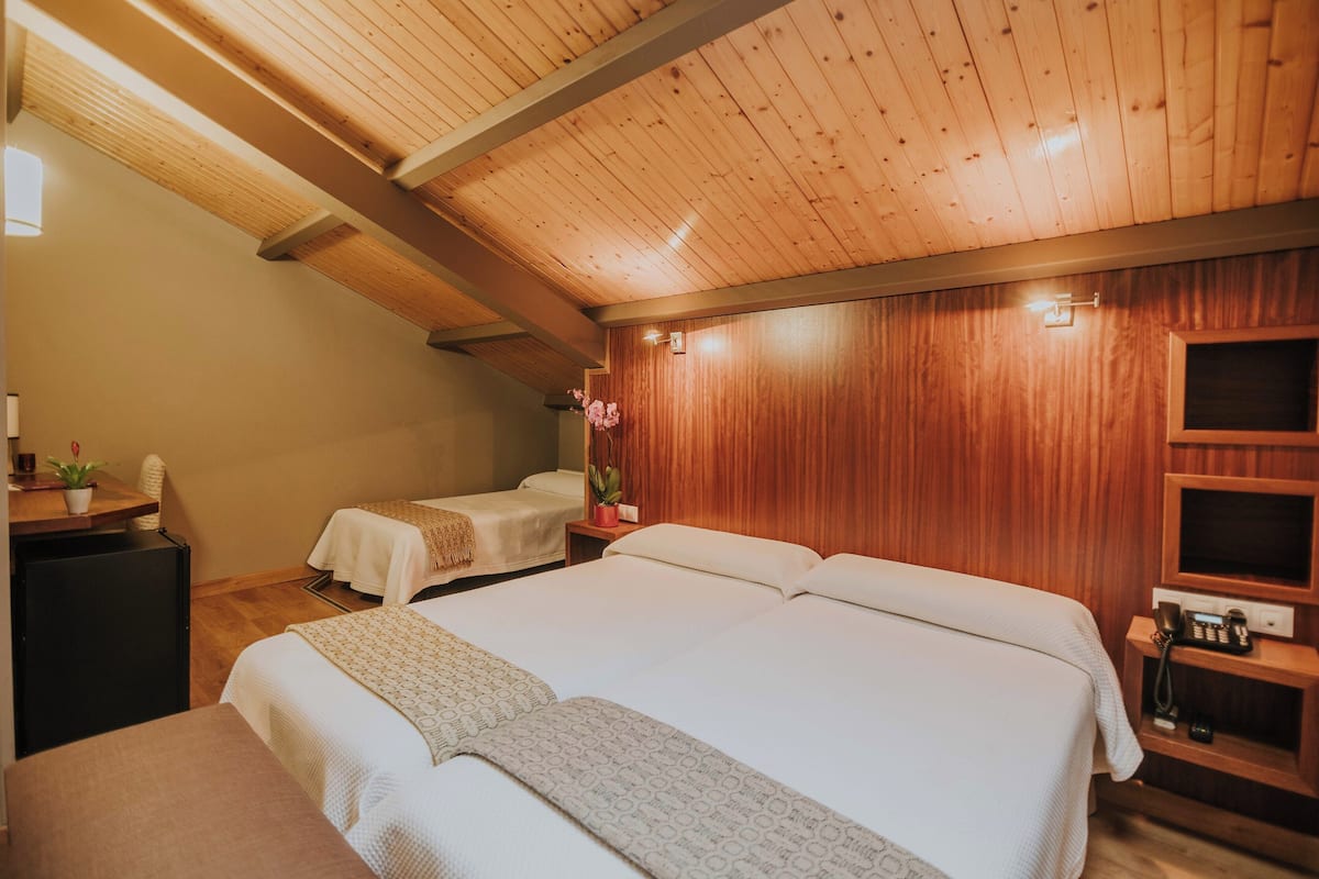 A hotel room with a wooden ceiling, two beds, a small desk with a plant, and a TV on a wooden stand.