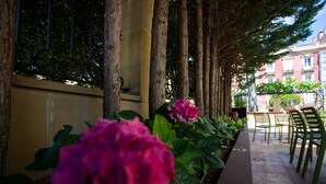 A row of green chairs and a bench along a pathway with large trees and pink flowers. - Hotel Arrope (Haro)