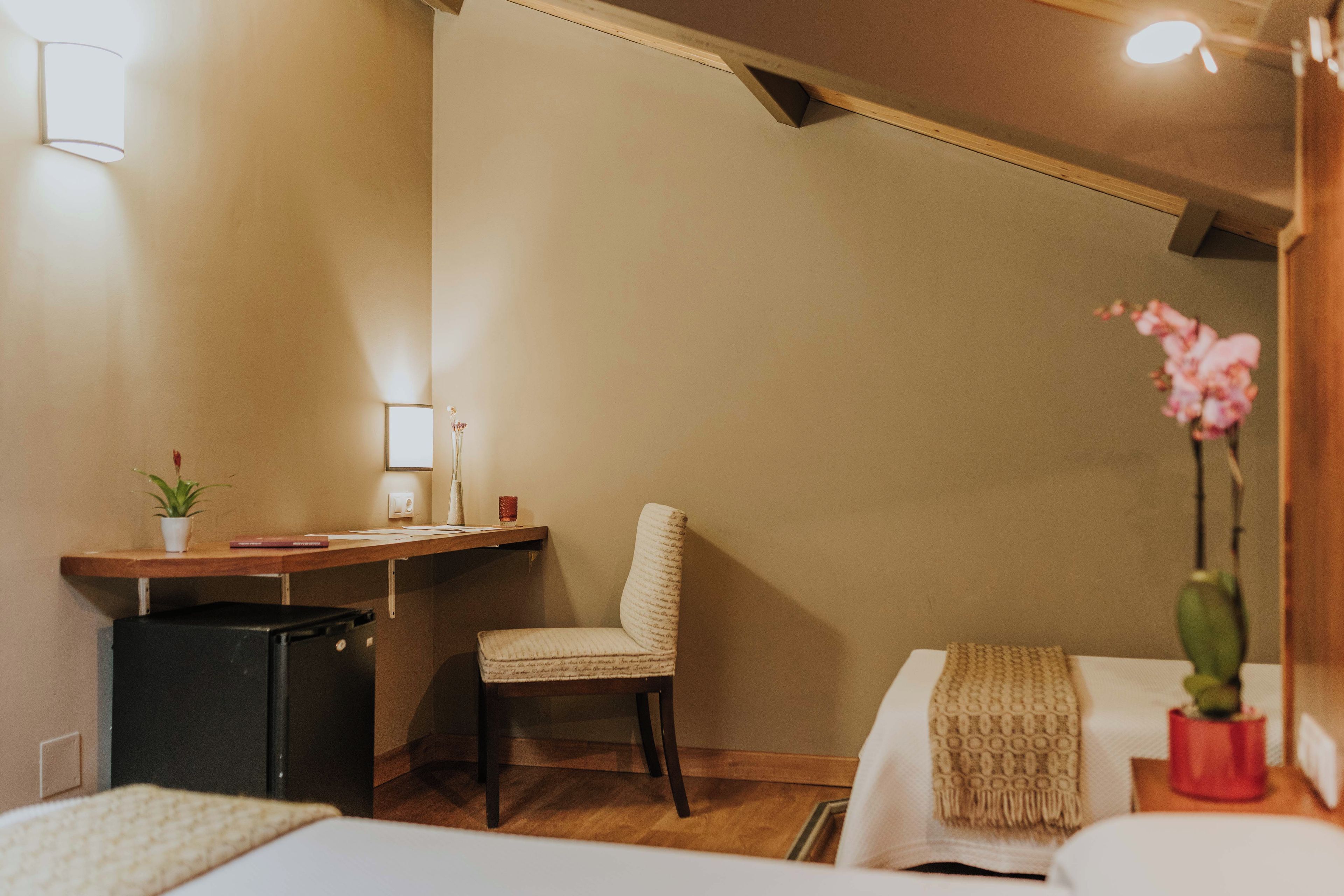 Une chambre d’hôtel comprenant un lit, un bureau avec une chaise, un petit réfrigérateur, une table de chevet avec une lampe et une plante en pot.