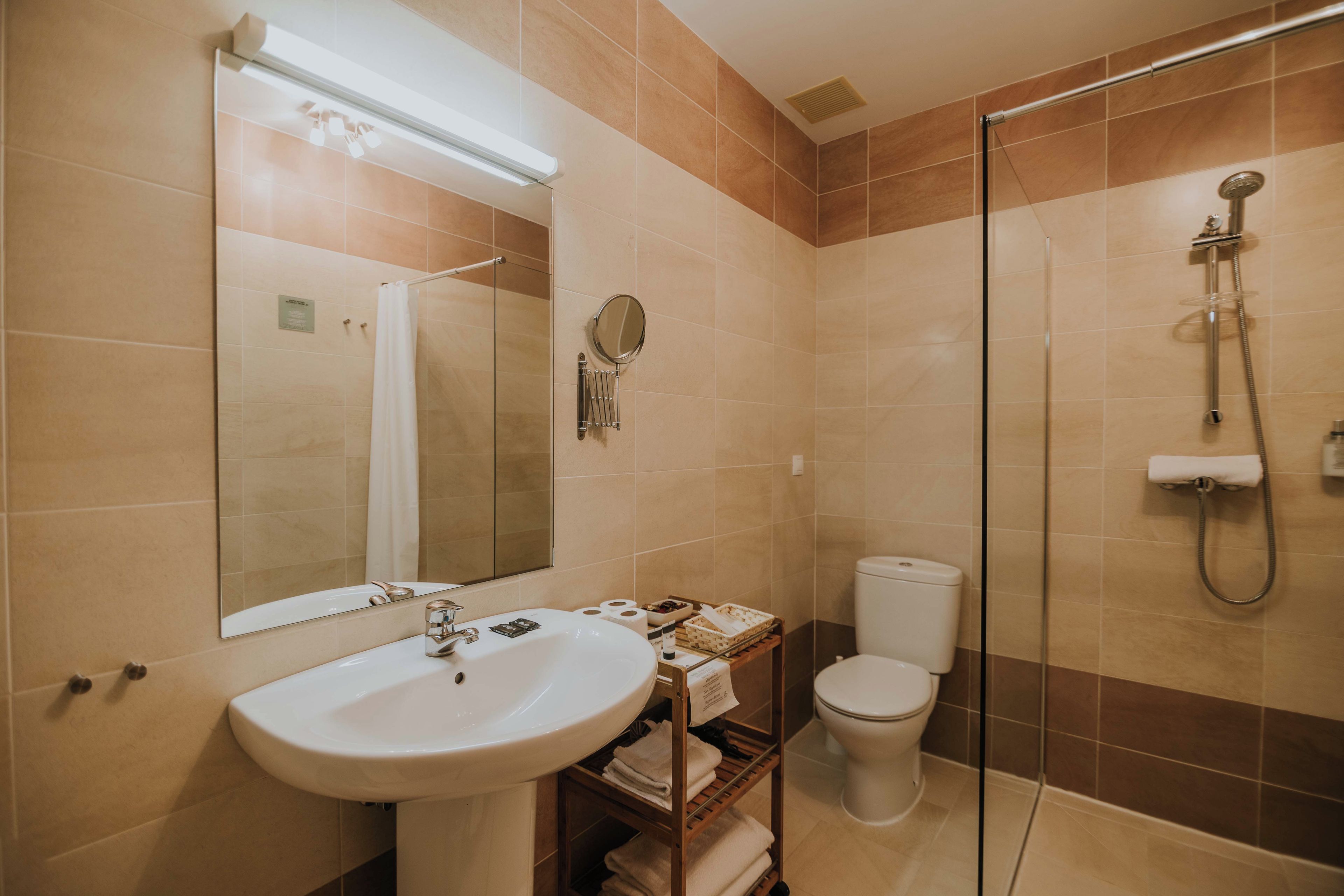 Baño con lavamanos, espejo, inodoro y ducha.