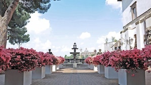 A paved pathway flanked by large planters with pink flowers leading to a central fountain. - Torre di Vico Residenza d'Epoca (Viterbo)