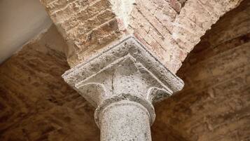 A close-up of a stone column with a capital at the top, part of a larger architectural structure.