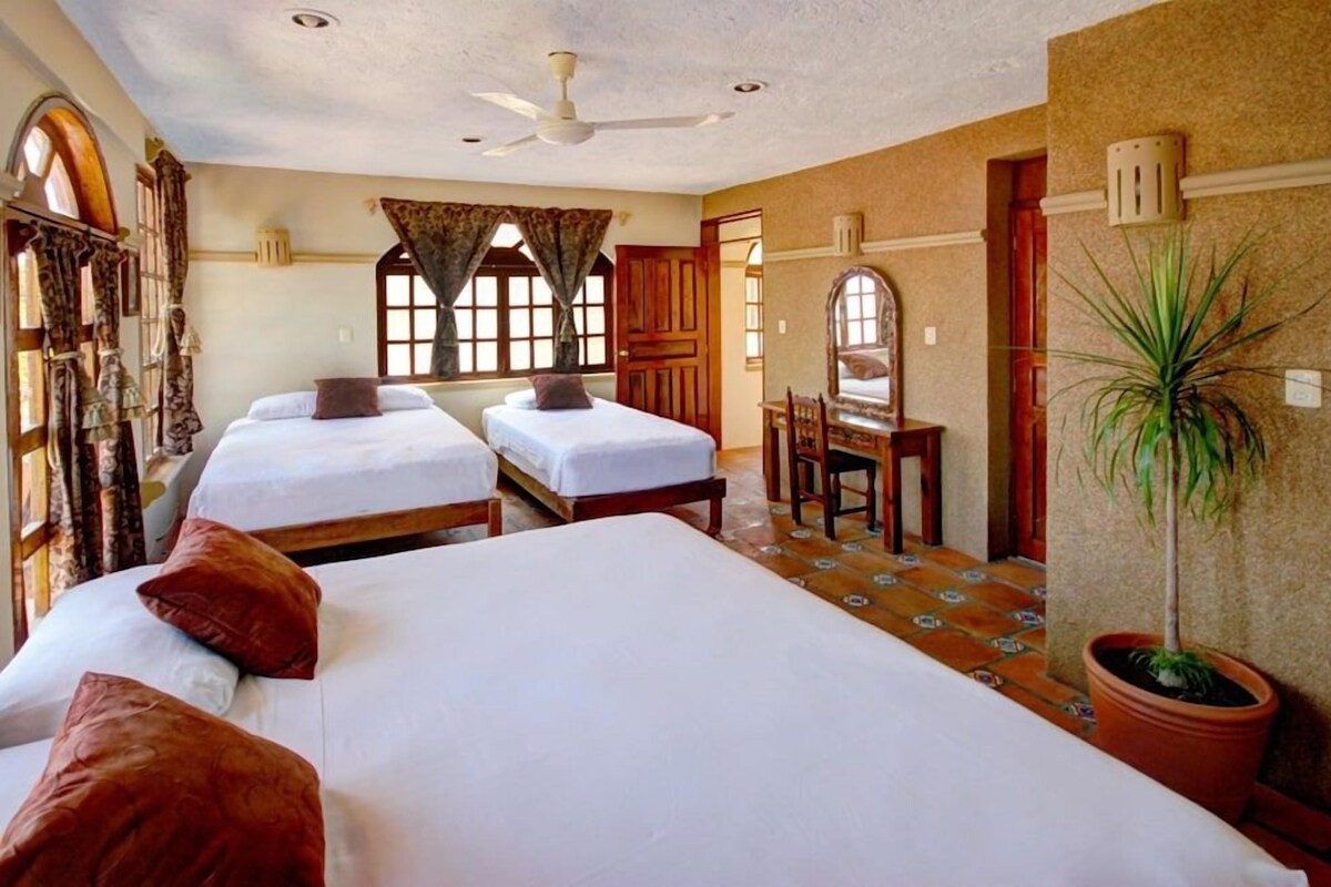 A room with two beds, a desk, a chair, a potted plant, and a ceiling fan.