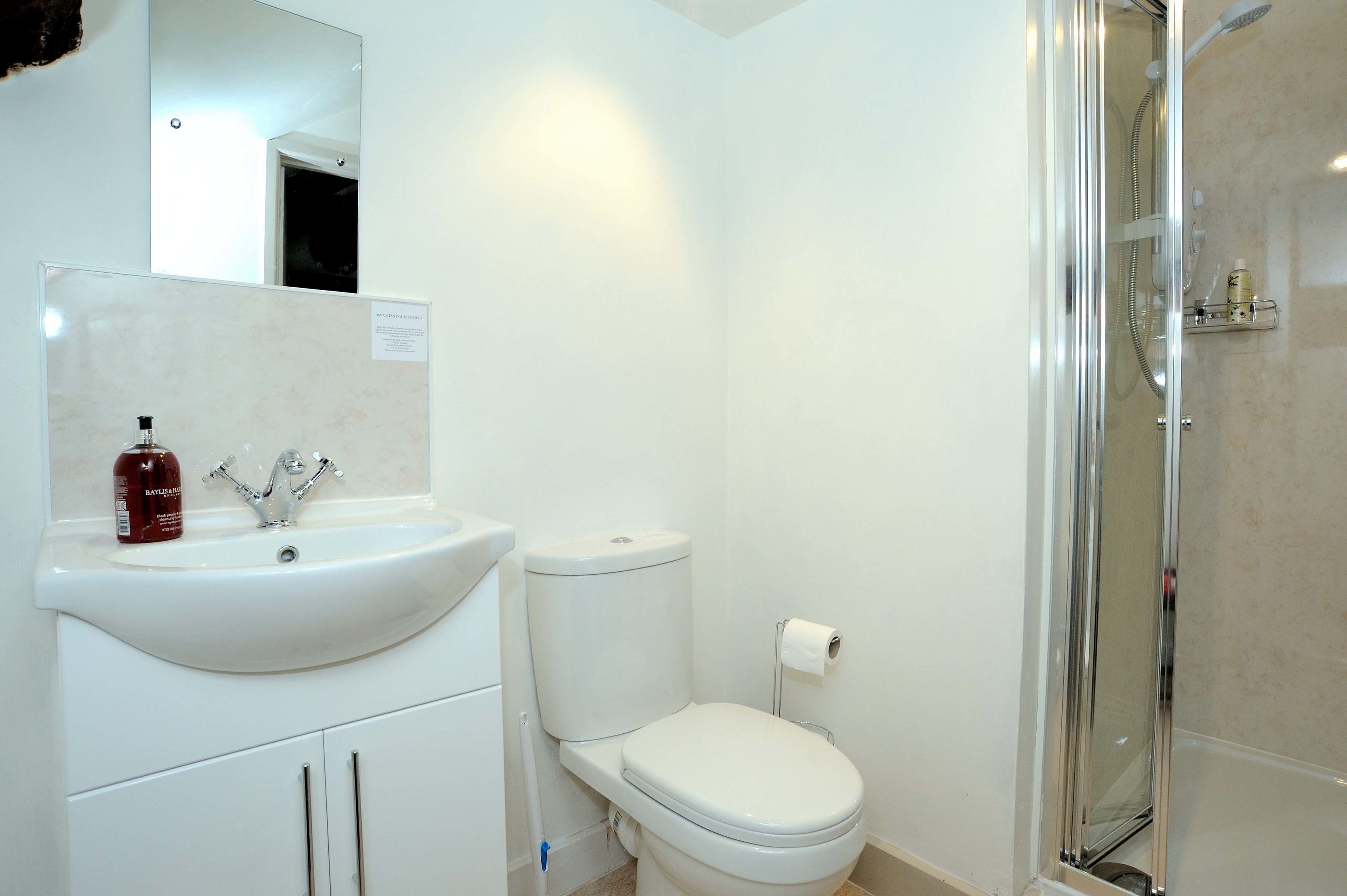 A bathroom with a sink, toilet, and glass-enclosed shower.