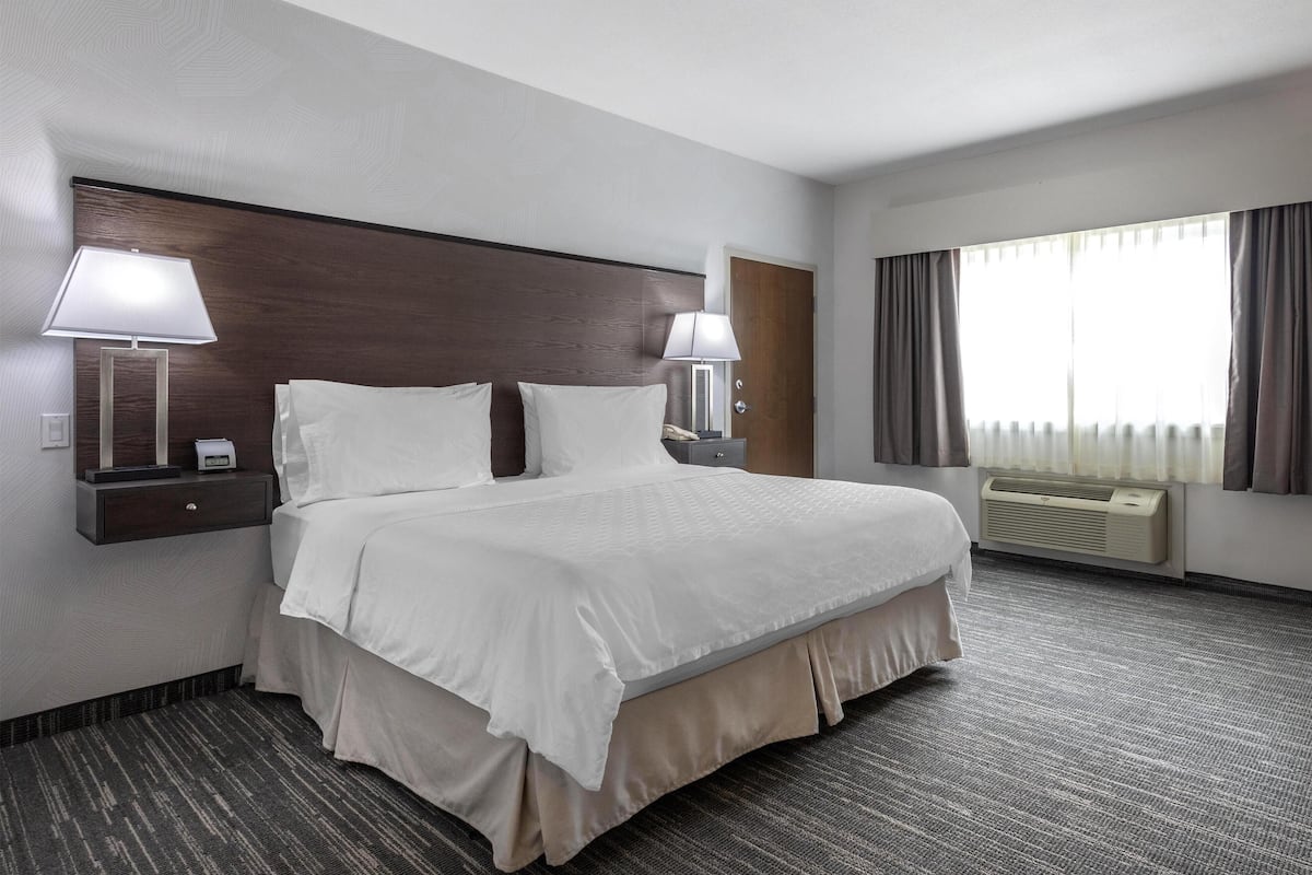 A hotel room with a large bed, two bedside tables with lamps, a window with curtains, and an air conditioning unit.