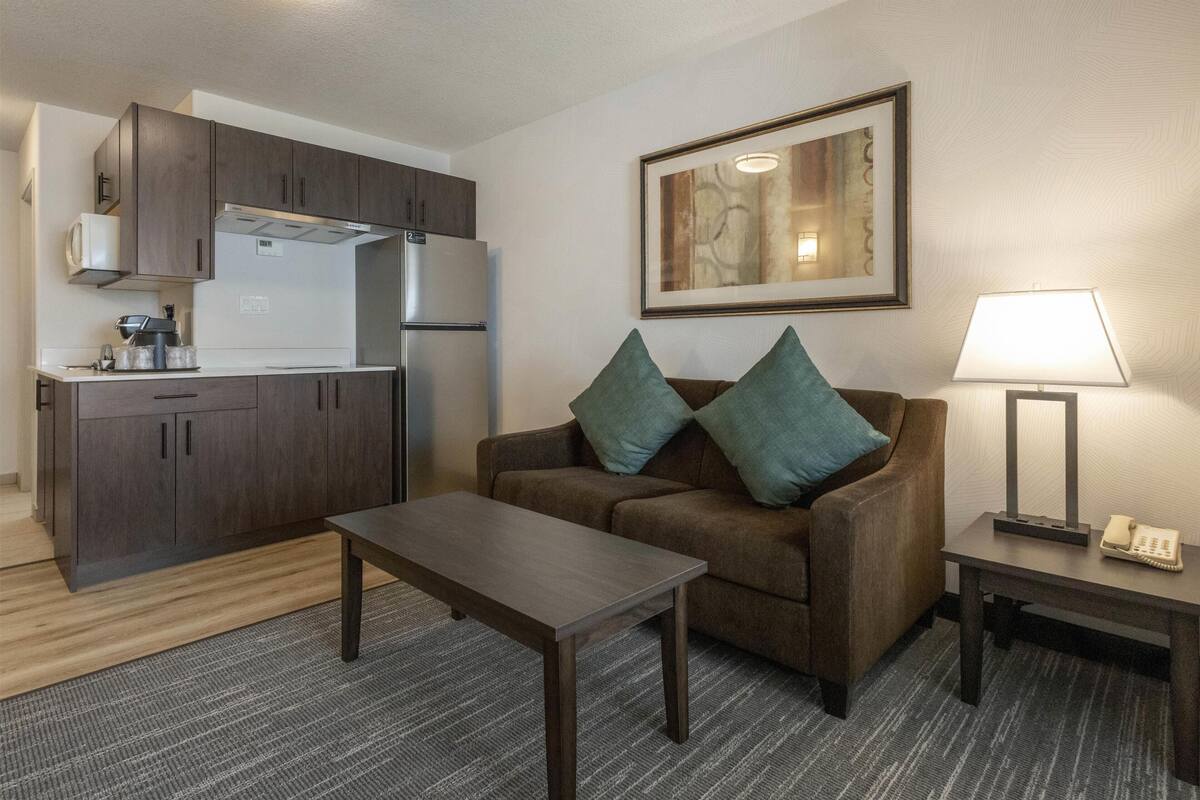 A compact living space with a kitchenette, a sofa with cushions, a coffee table, and a lamp.