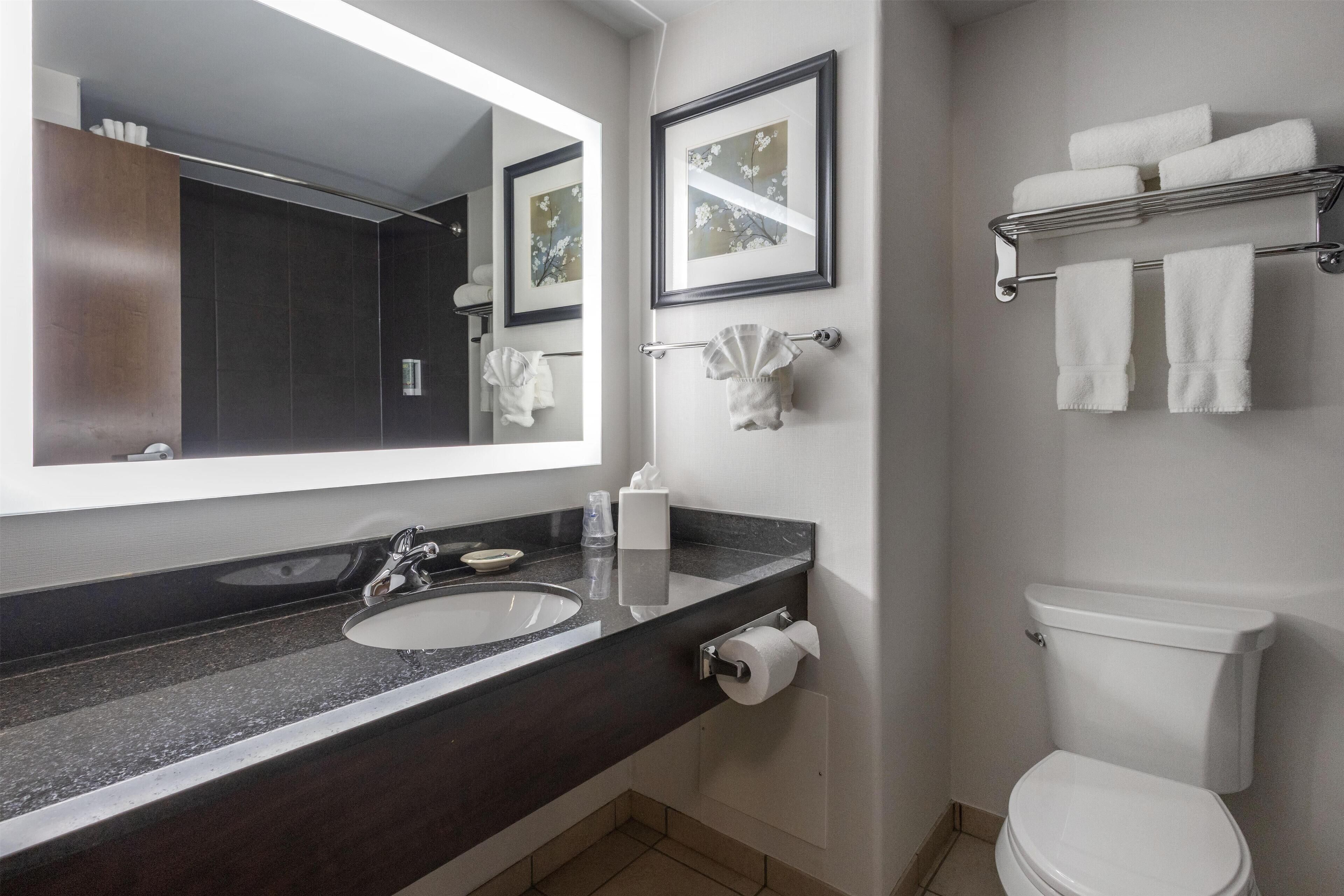 Un baño moderno con encimera de granito oscuro, un espejo grande, un inodoro blanco y un perchero con toallas dobladas.