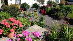 En have med plantekasser og blomster, en metalstol og et bord.