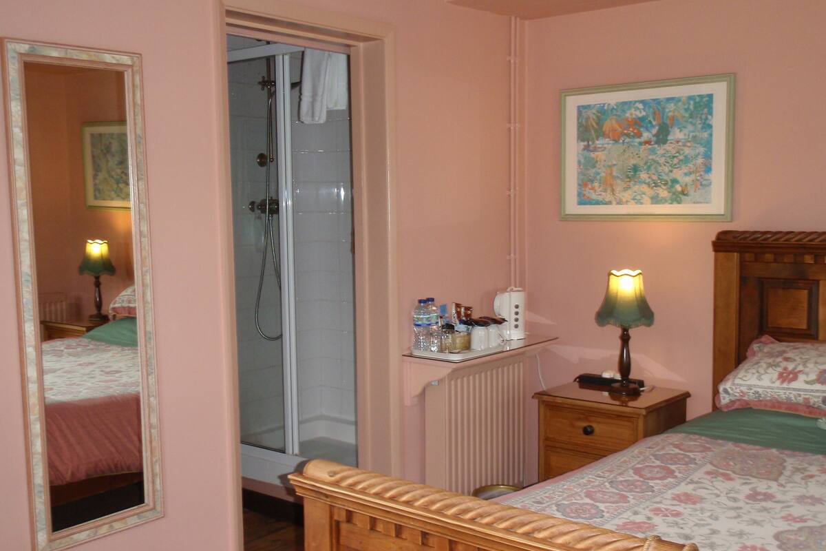 A bedroom with a wooden bed, a nightstand with a lamp, a small table with toiletries, a shower, and a painting on the wall.