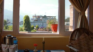 Una habitación con vistas a edificios y una planta en el alféizar.
