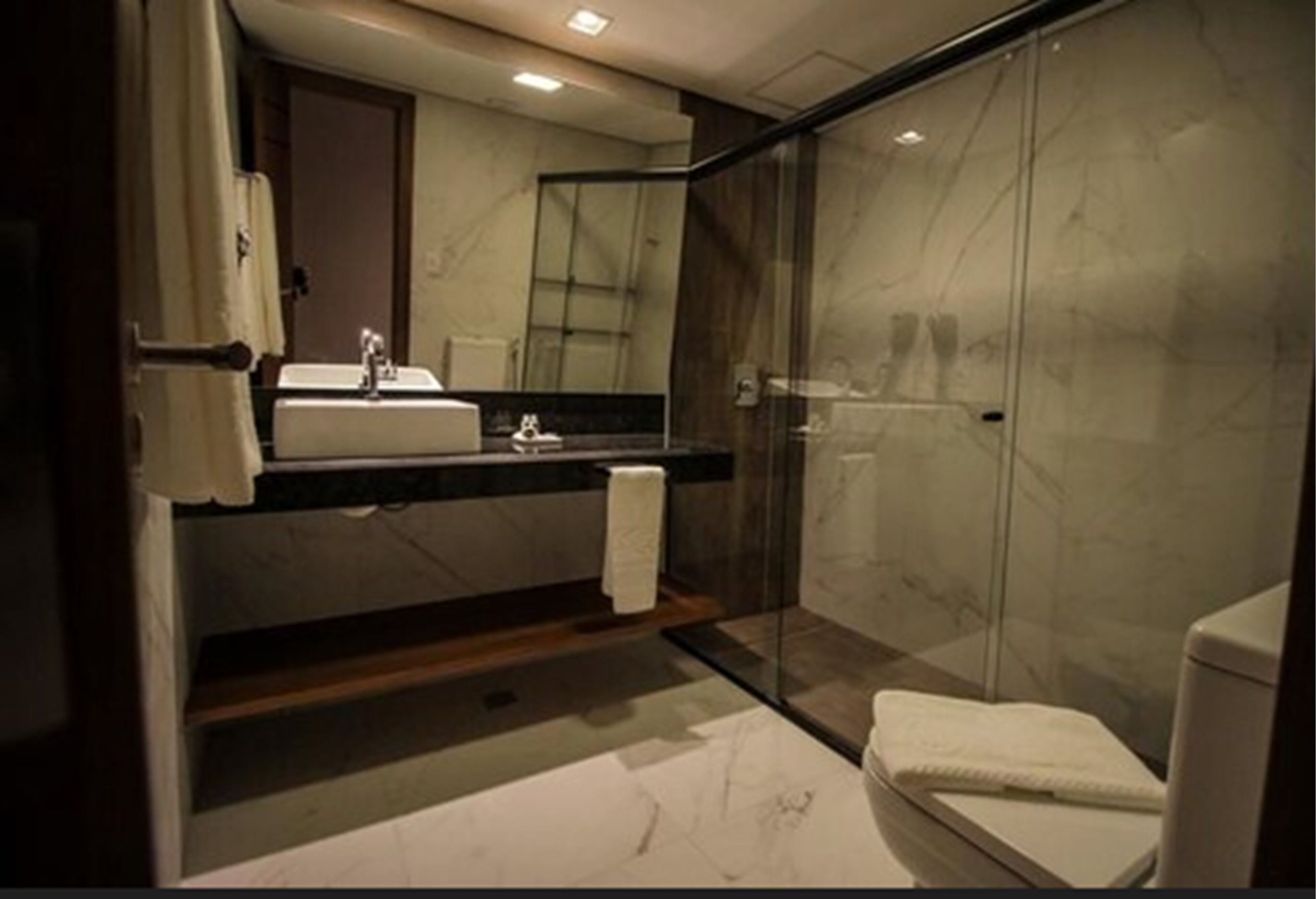 A modern bathroom with a glass shower enclosure, a sink with a mirror, and a toilet.