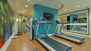 Uma academia com esteiras, bicicleta ergométrica e aparelho de musculação.