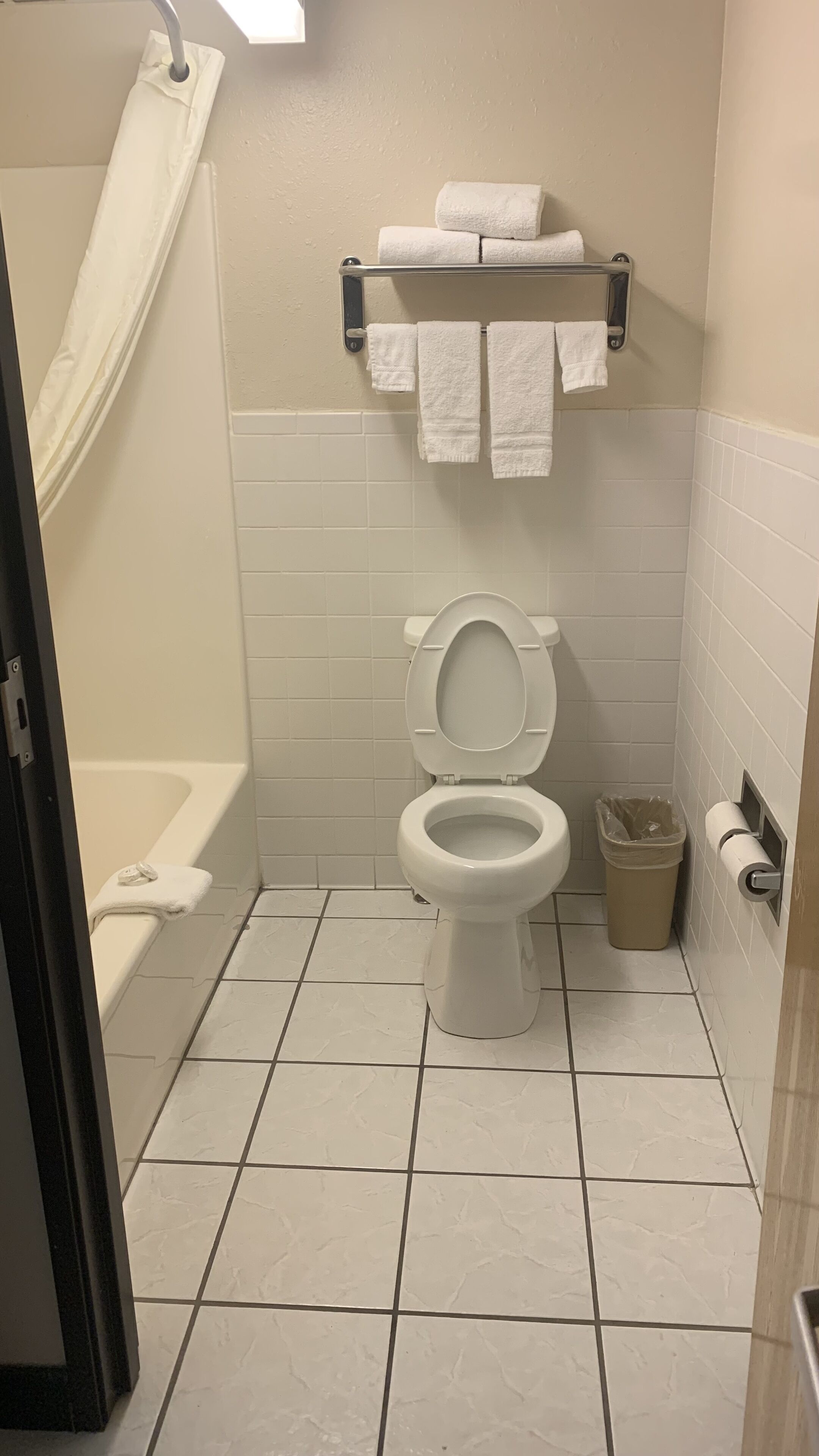 A bathroom with a toilet, a shower, and a towel rack with towels.
