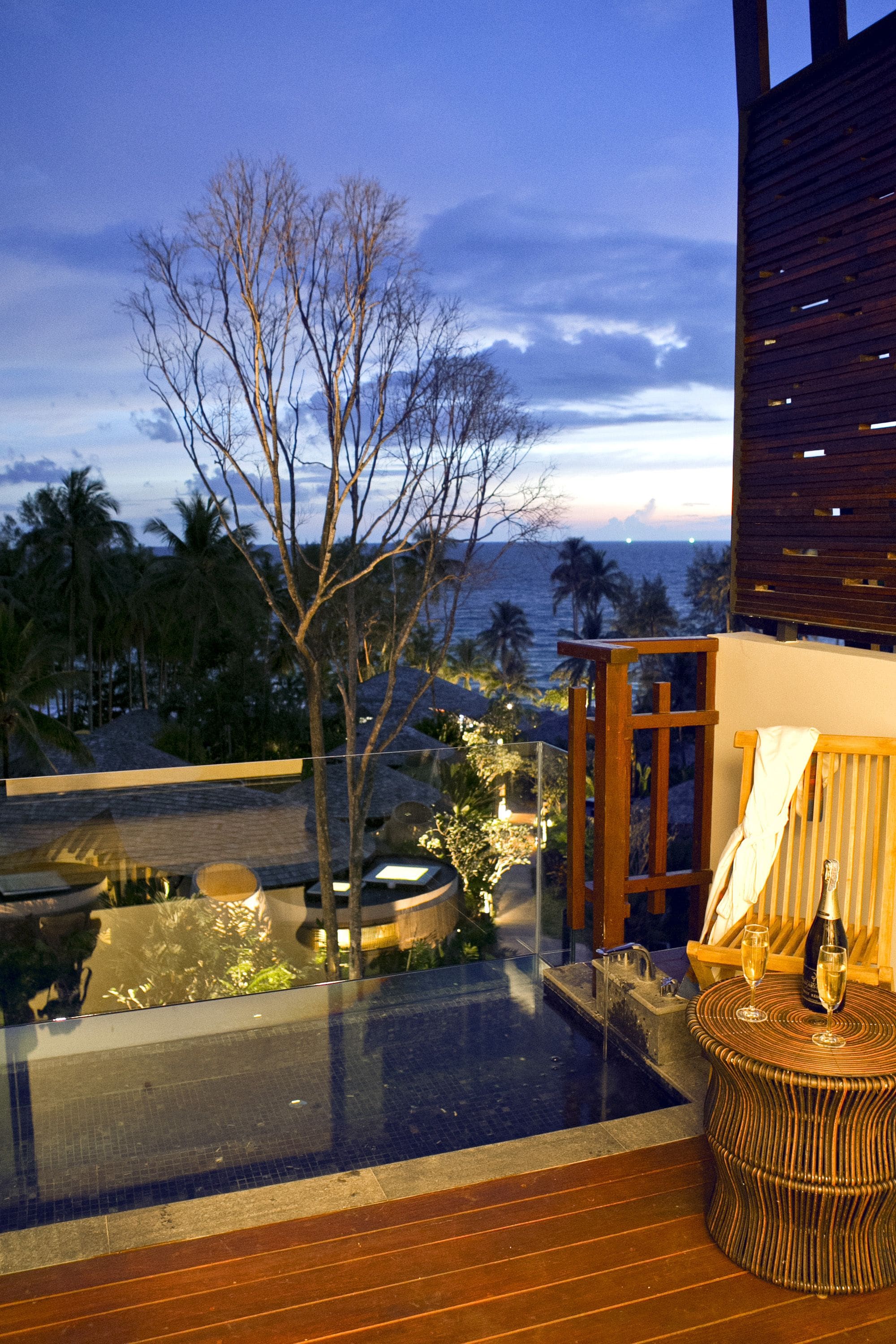 A modern outdoor area with a wooden deck, a glass-enclosed infinity pool, and a view of the ocean and palm trees.