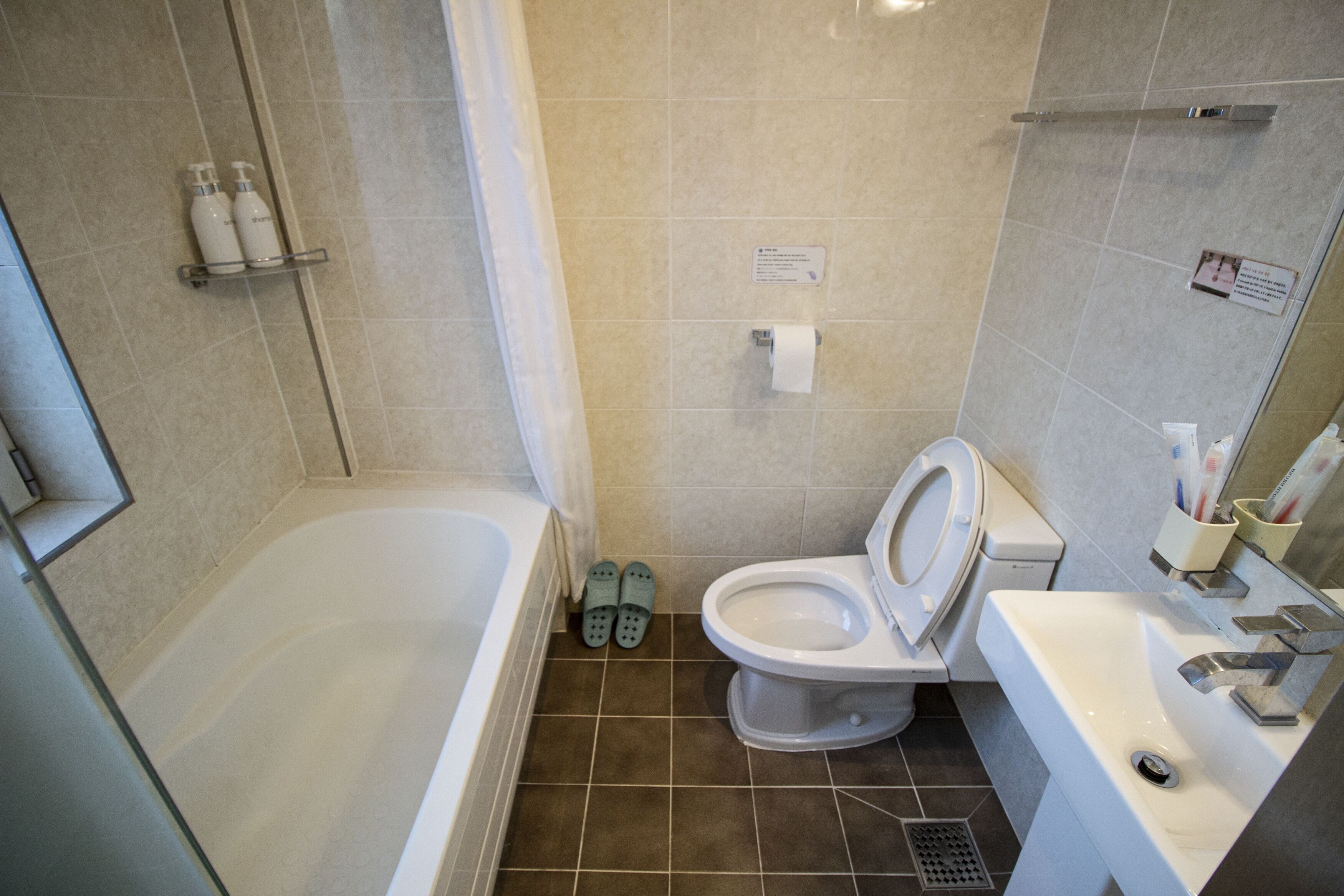 free toiletries, hair dryer, slippers, towels